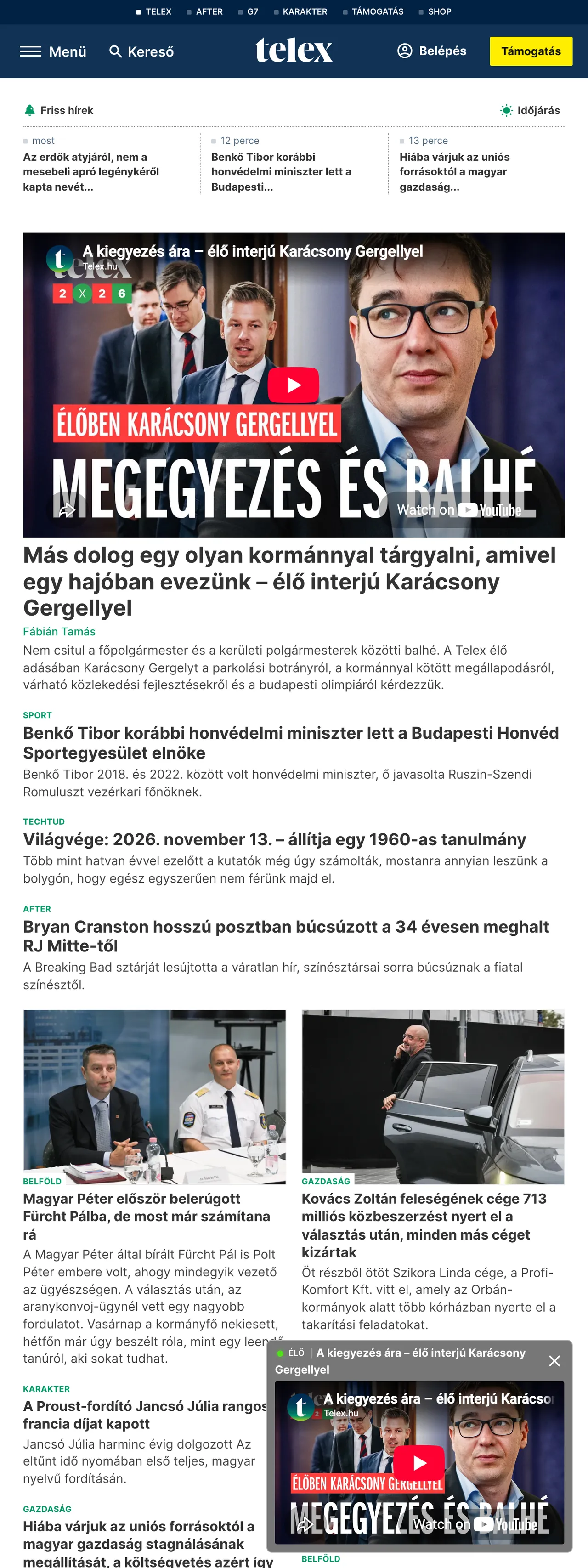 Screenshot of the Telex front page