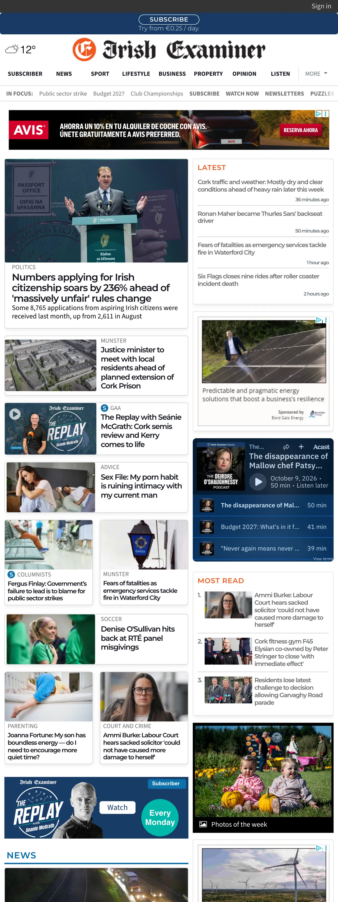 Screenshot of the Irish Examiner front page