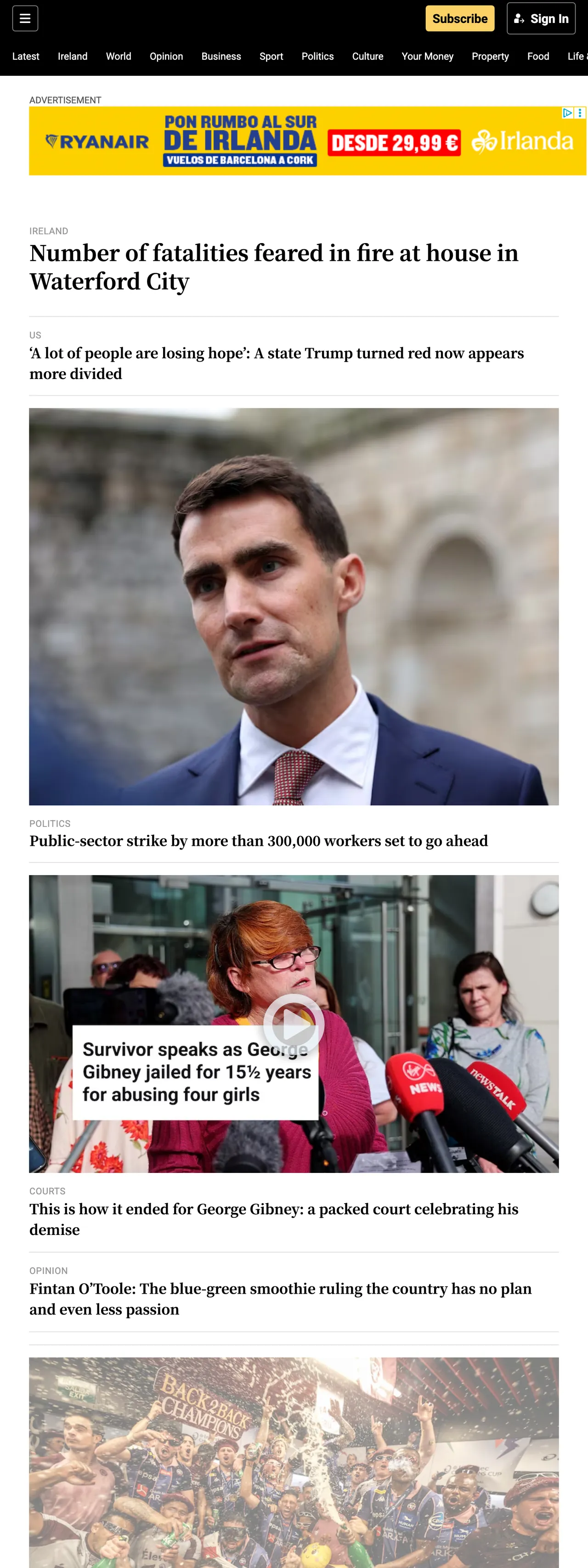 Screenshot of the The Irish Times front page
