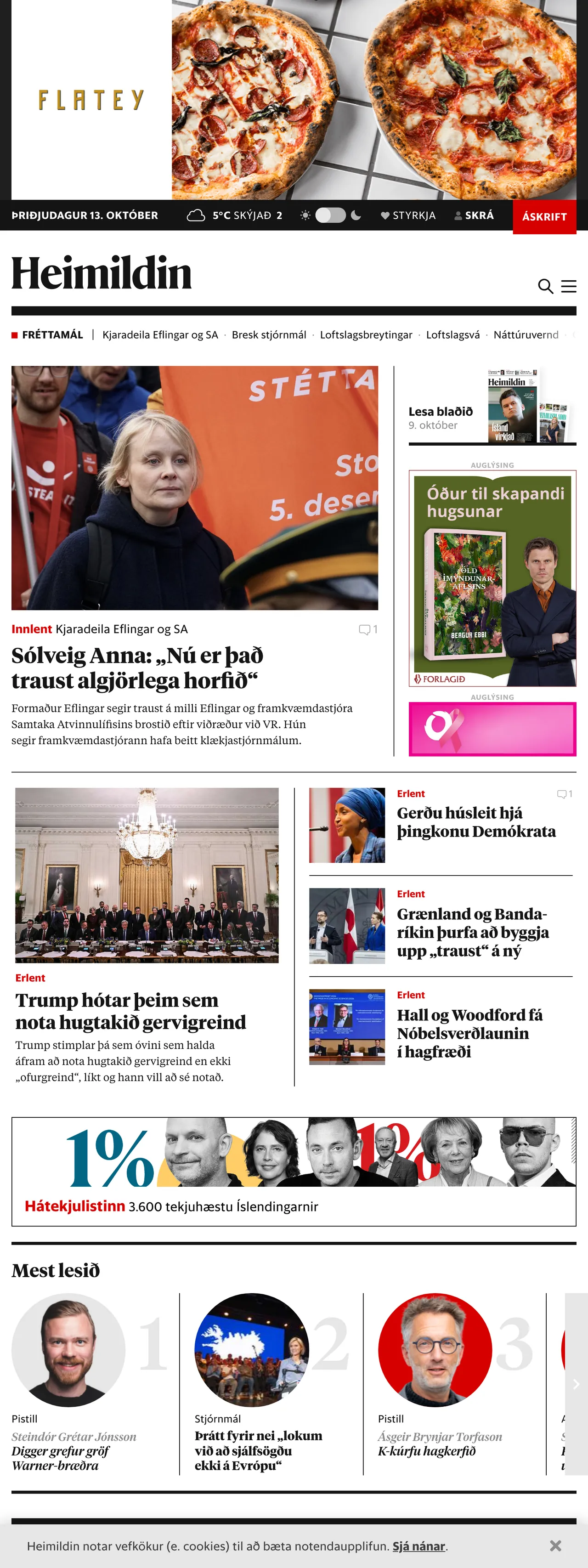 Screenshot of the Heimildin front page