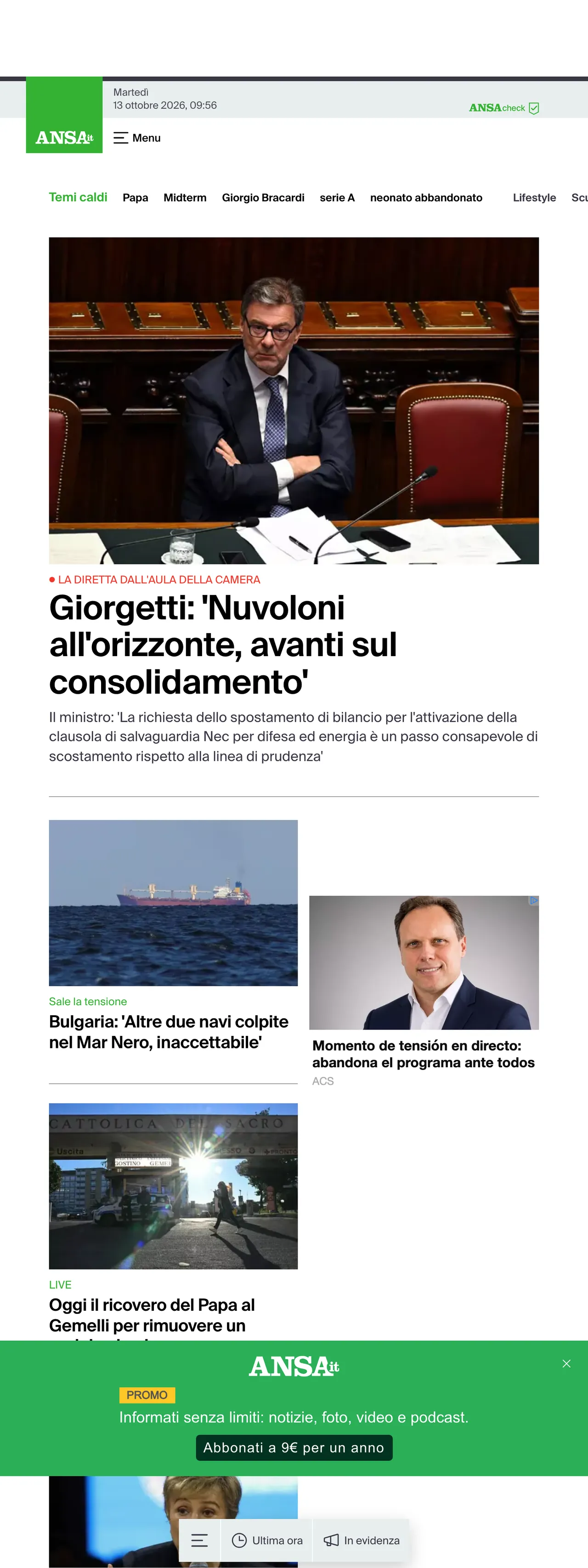 Screenshot of the ANSA front page