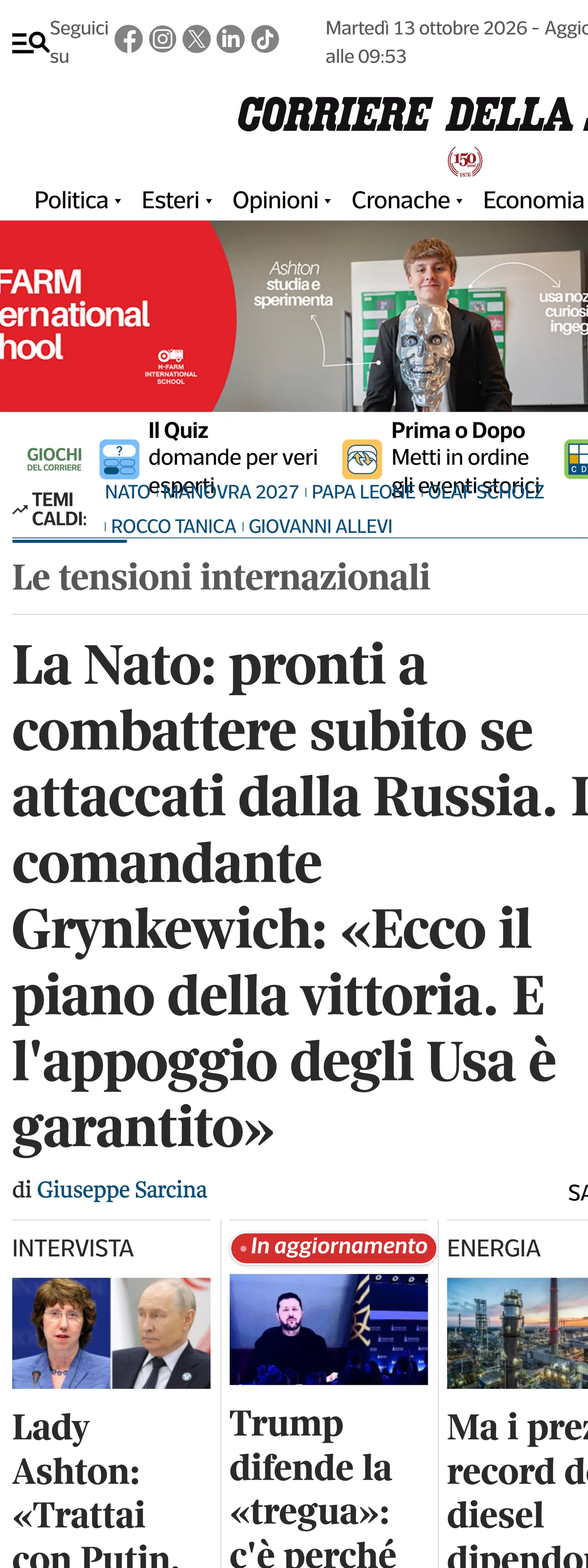 Screenshot of the Corriere della Sera front page