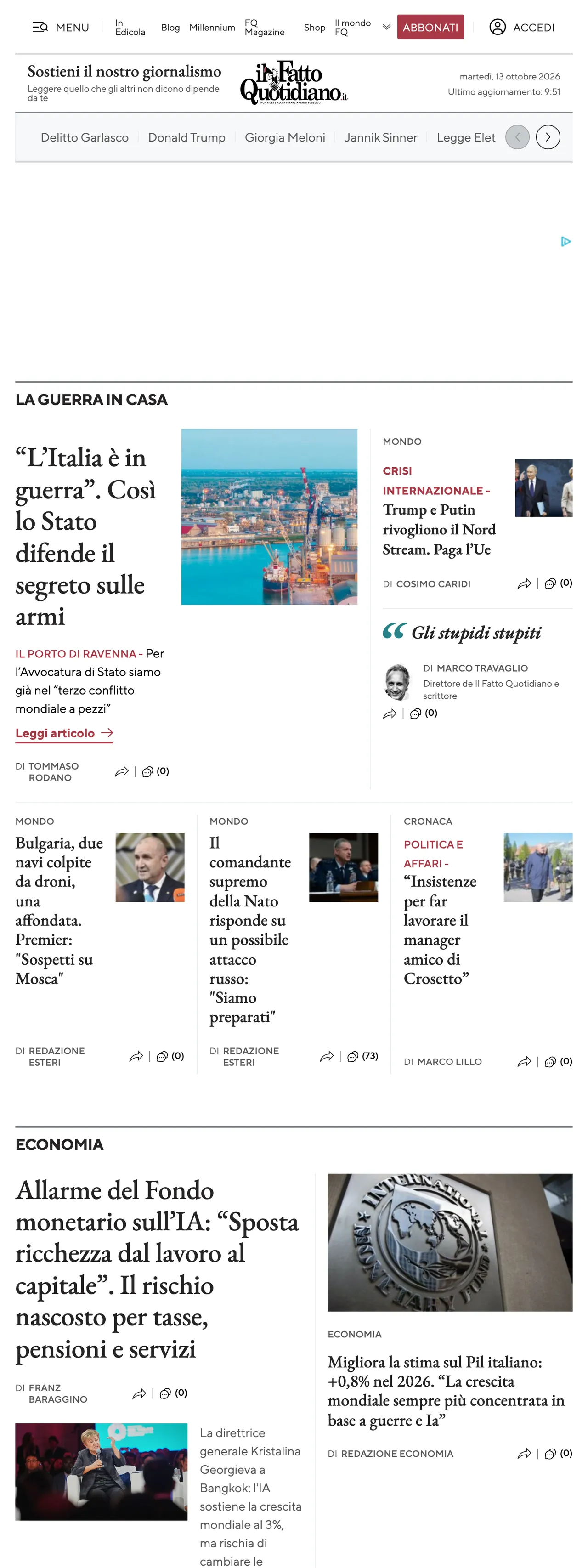 Screenshot of the Il Fatto Quotidiano front page