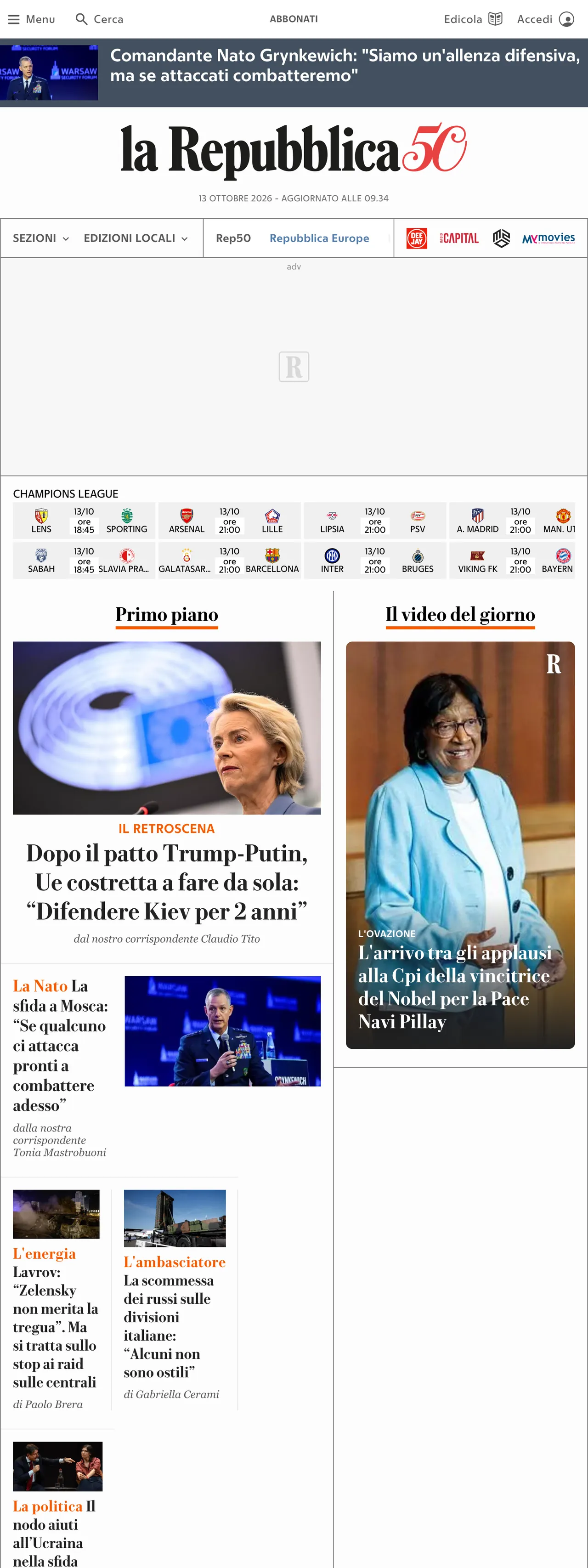 Screenshot of the la Repubblica front page