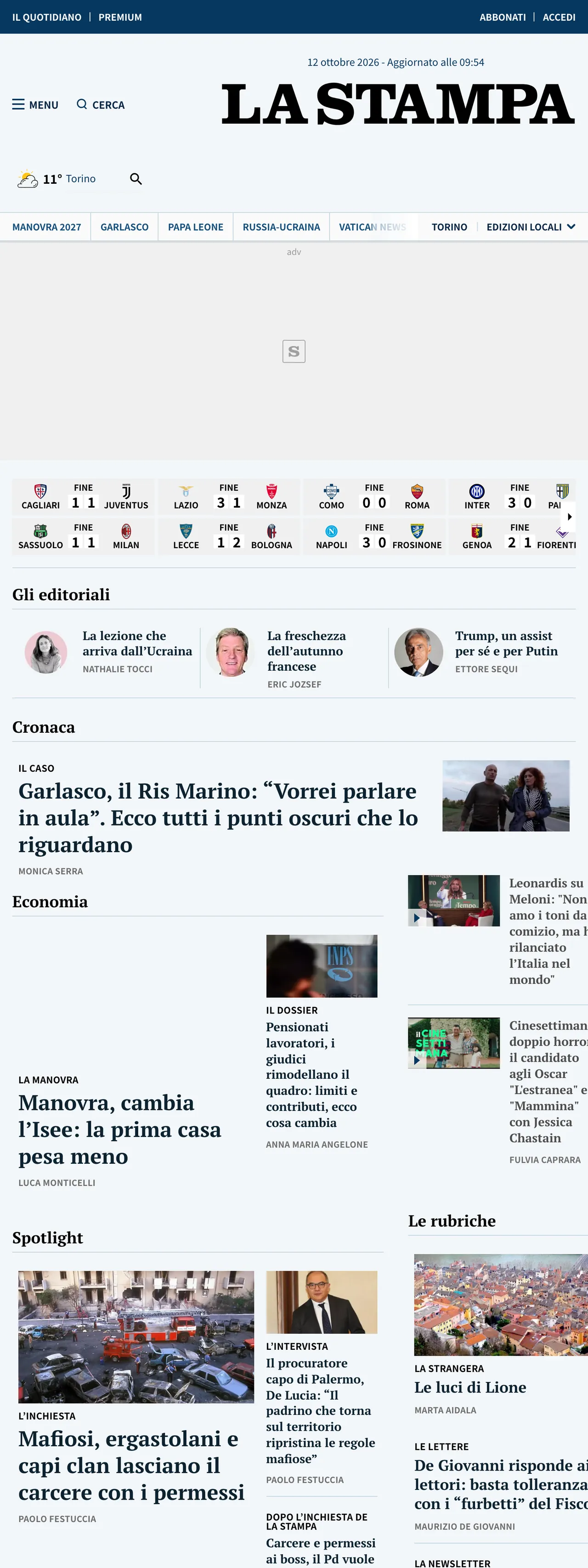 Screenshot of the La Stampa front page