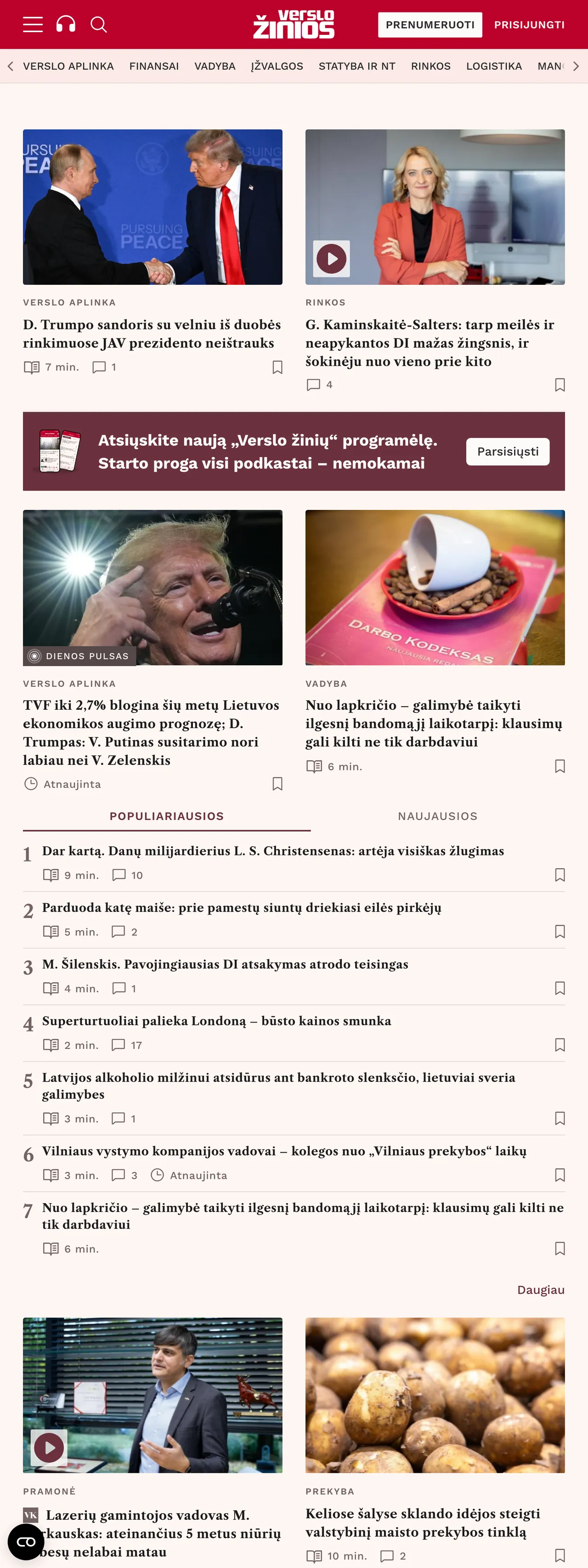 Screenshot of the Verslo žinios front page