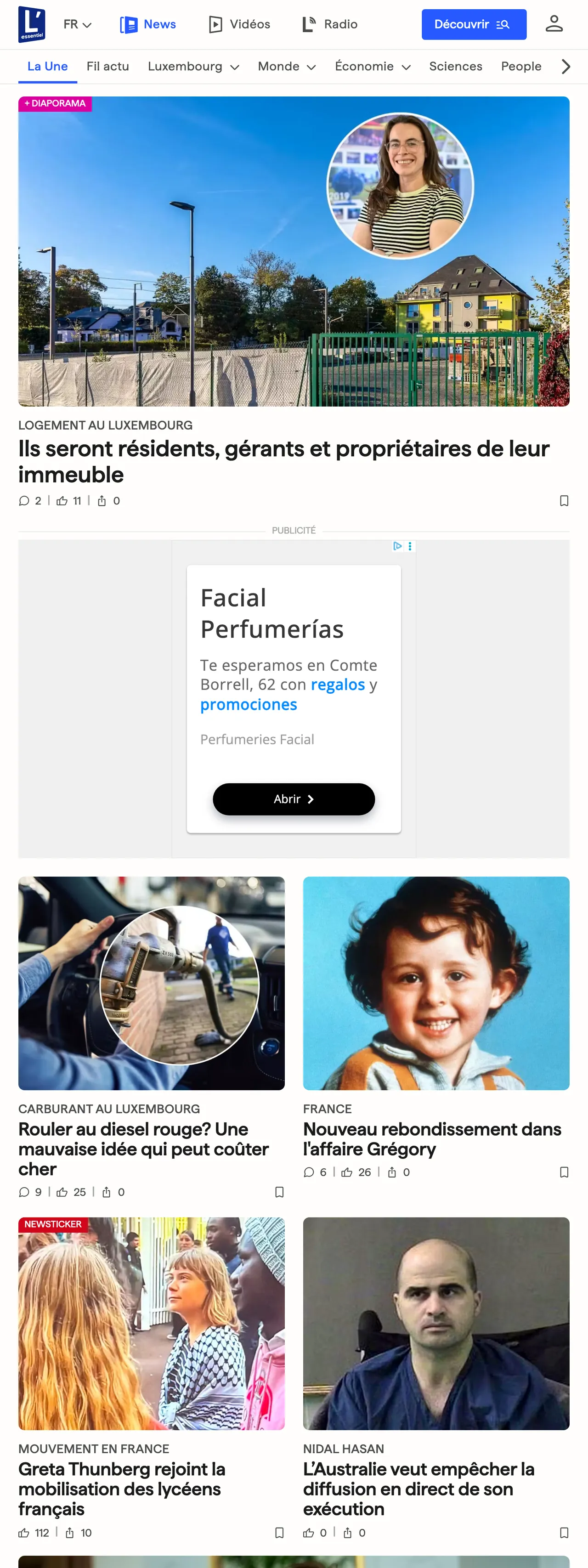 Screenshot of the L'essentiel front page
