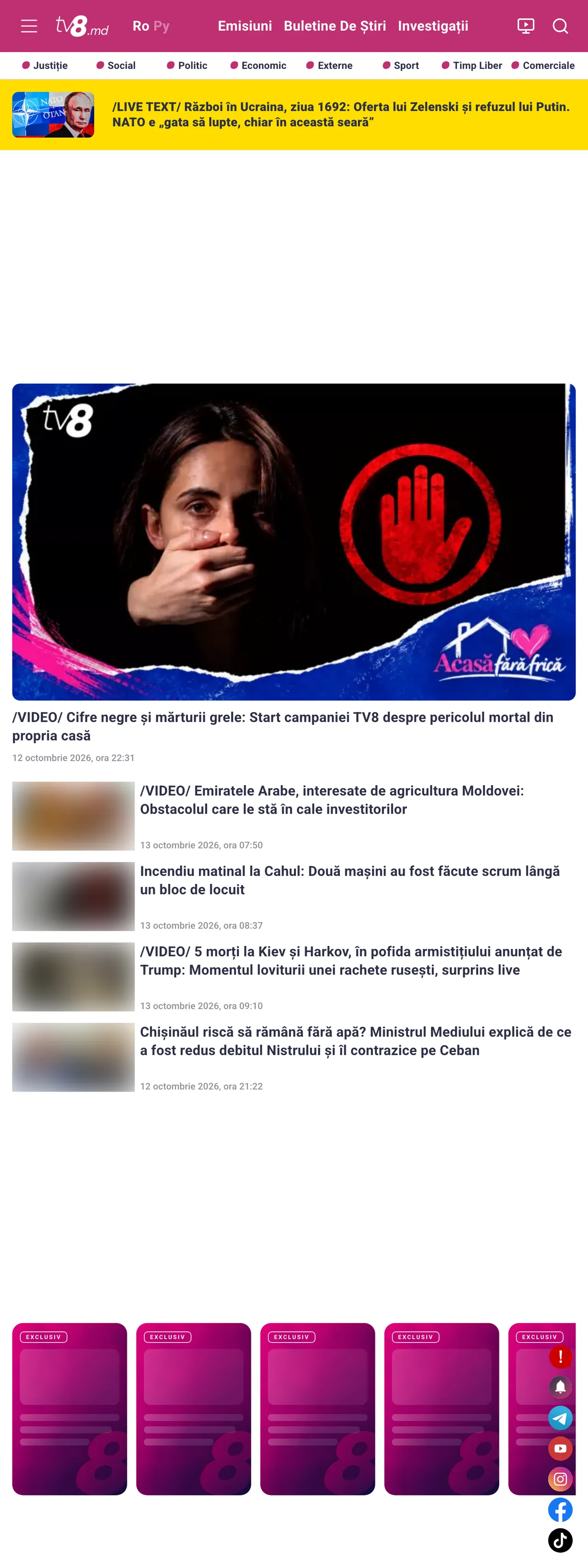 Screenshot of the TV8 front page