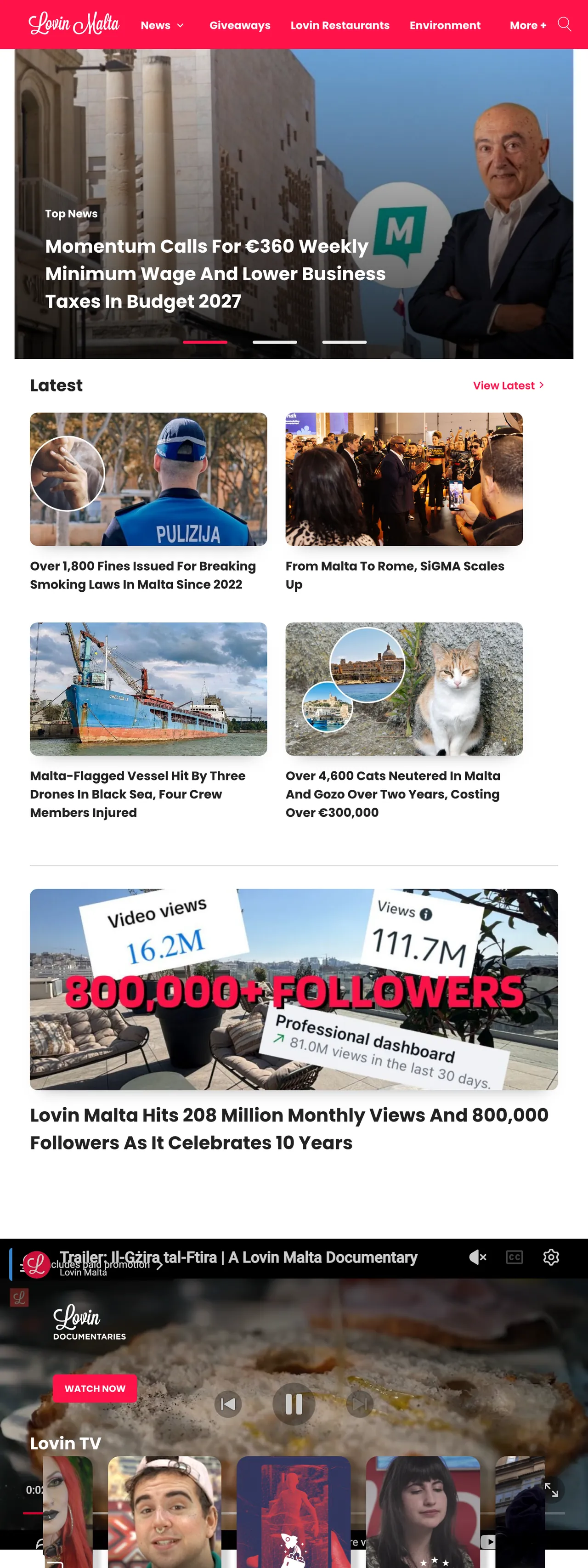 Screenshot of the Lovin Malta front page