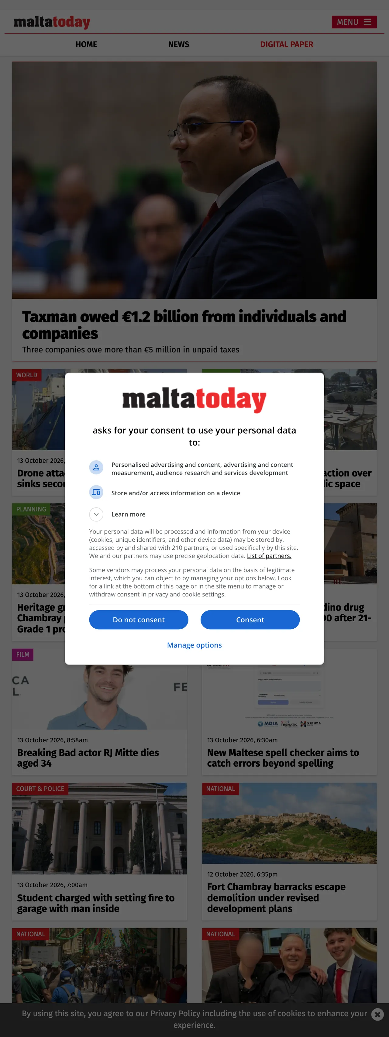 Screenshot of the Malta Today front page