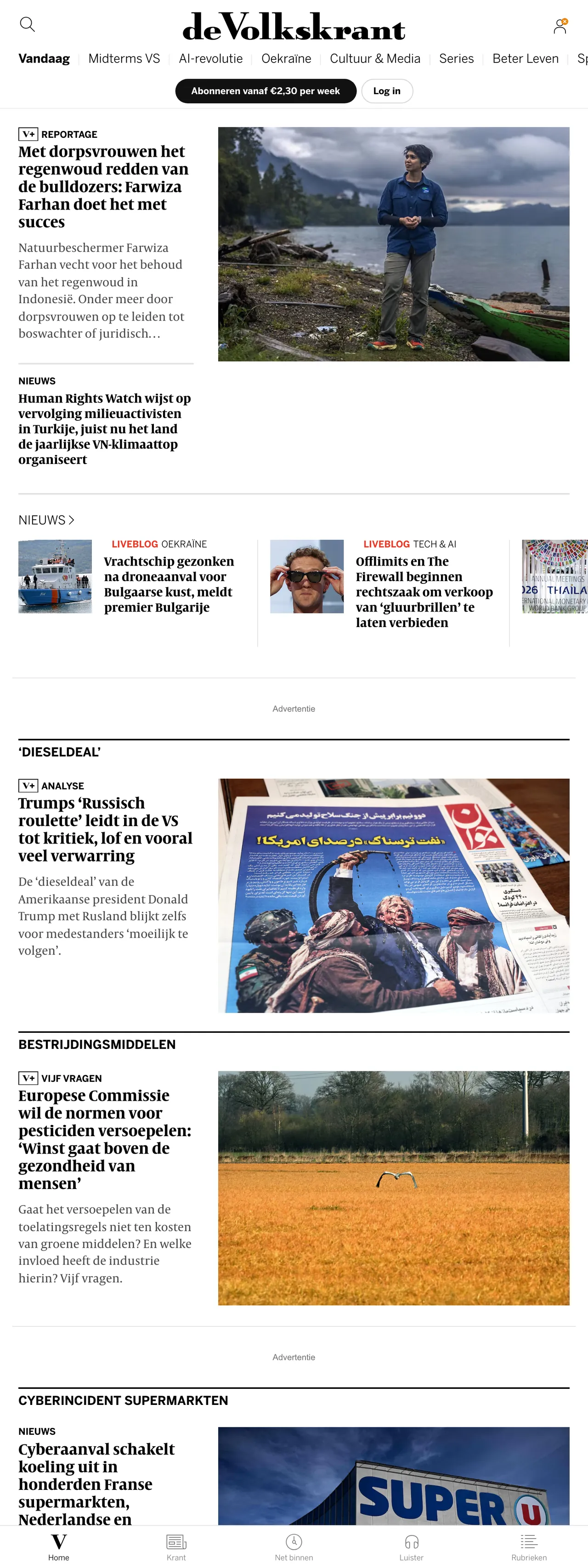 Screenshot of the de Volkskrant front page