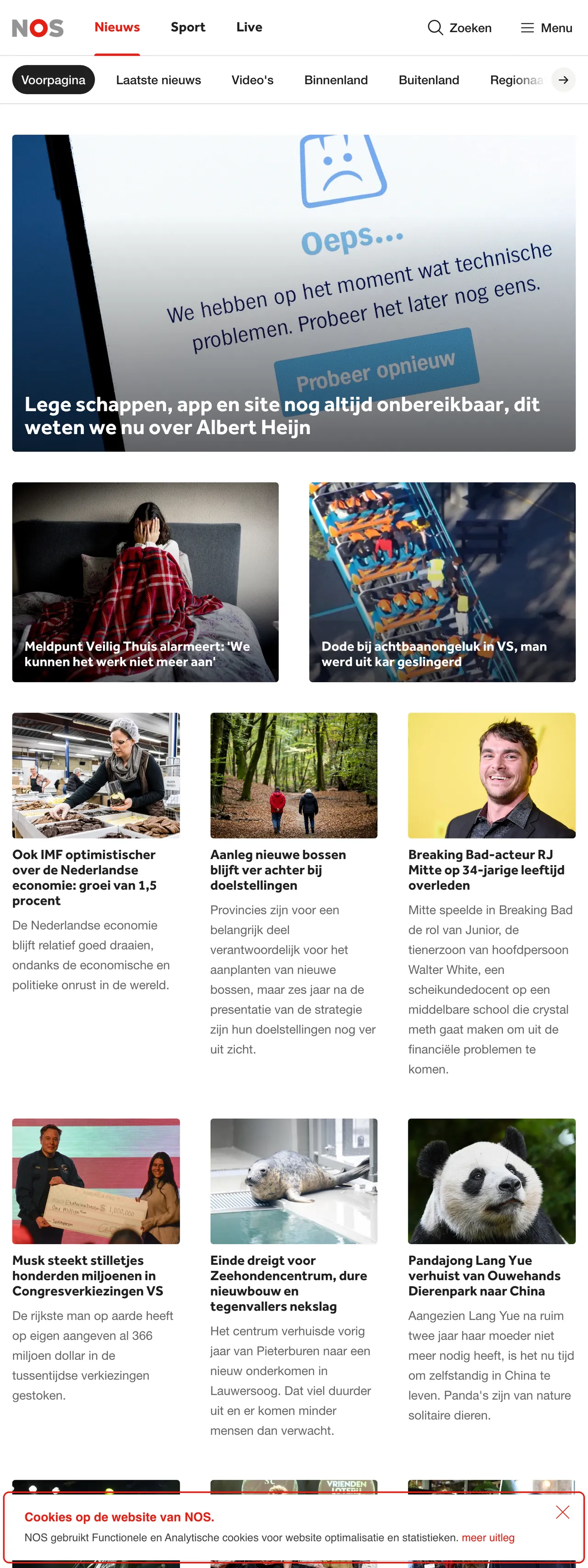 Screenshot of the NOS front page