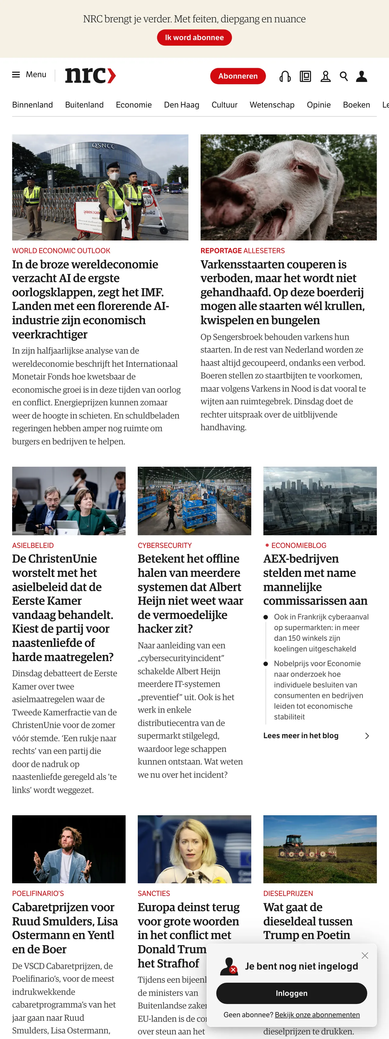 Screenshot of the NRC front page