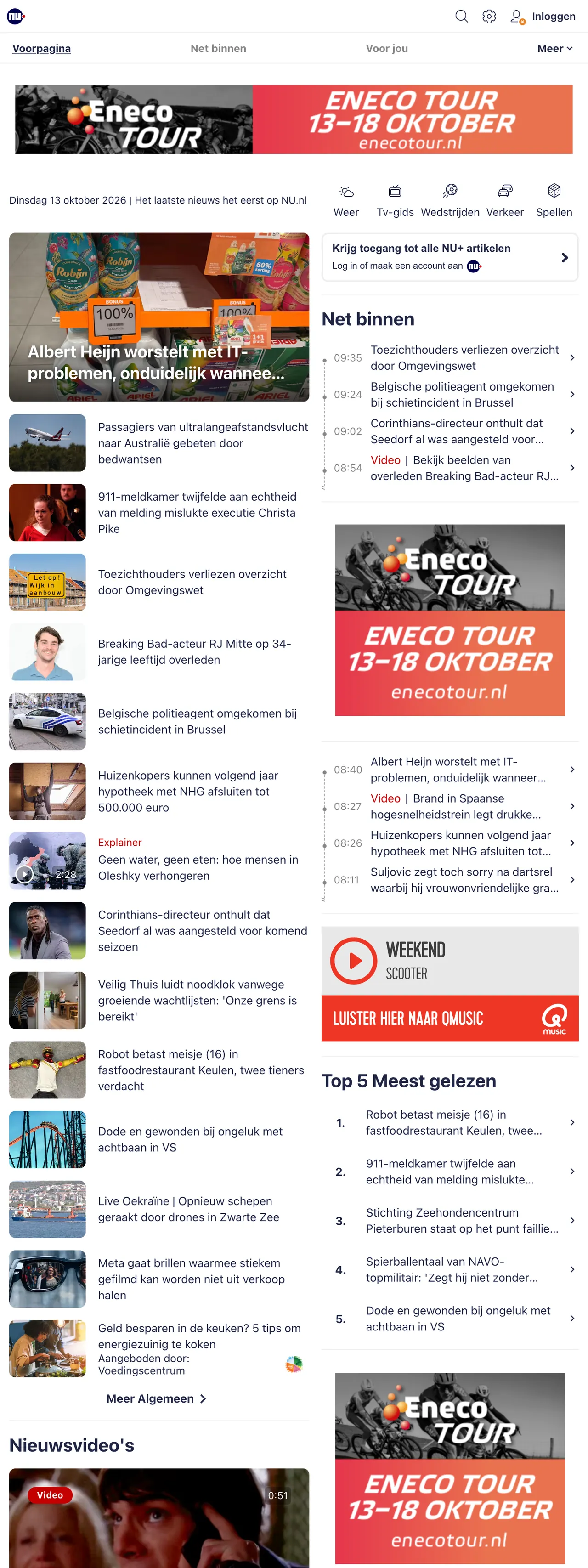 Screenshot of the NU.nl front page