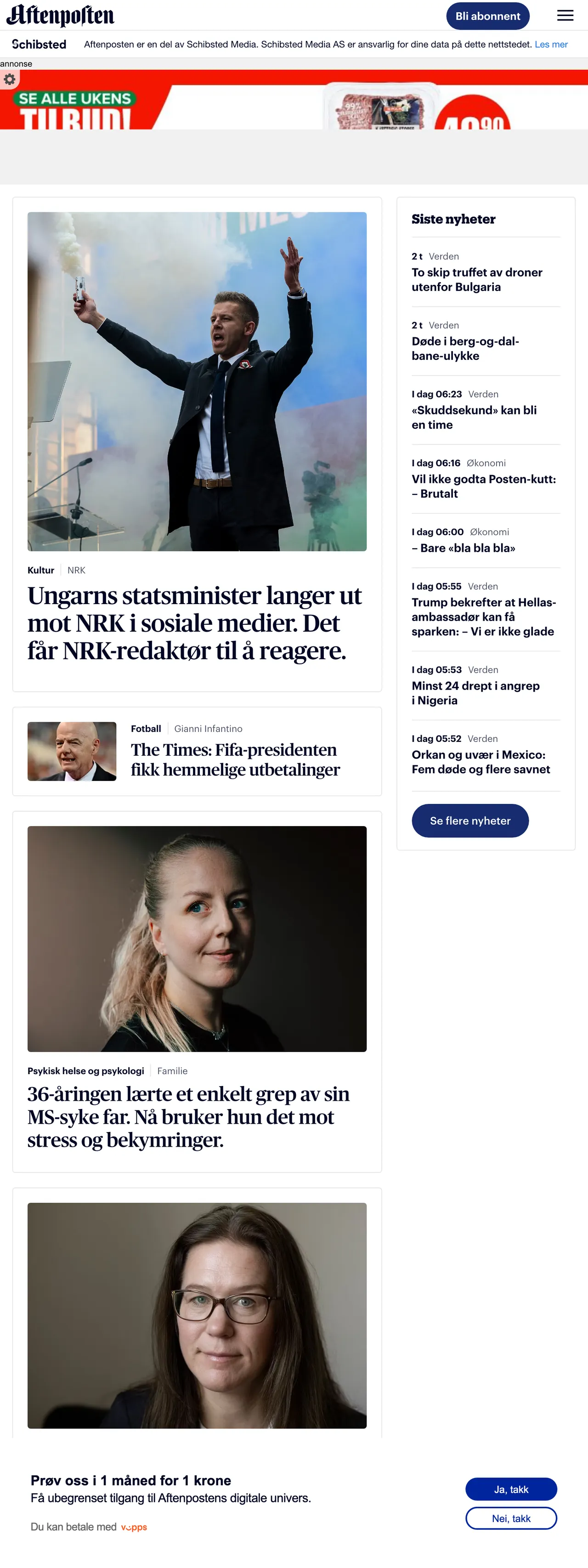 Screenshot of the Aftenposten front page