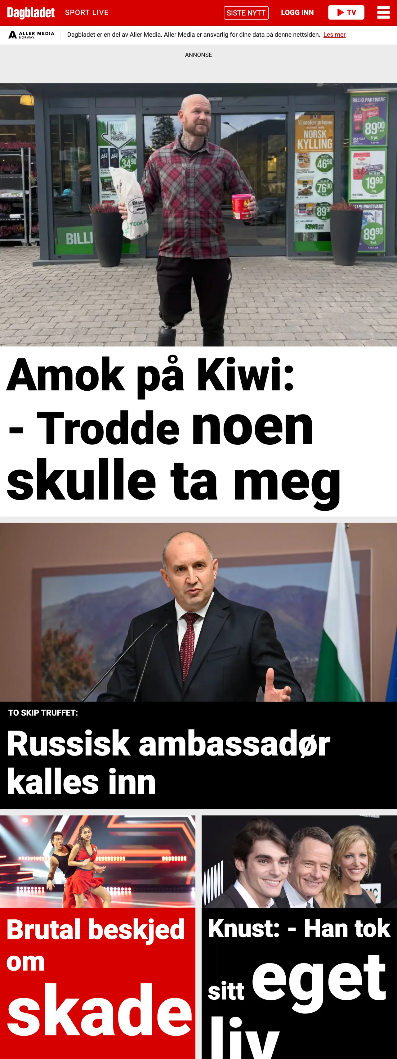 Screenshot of the Dagbladet front page