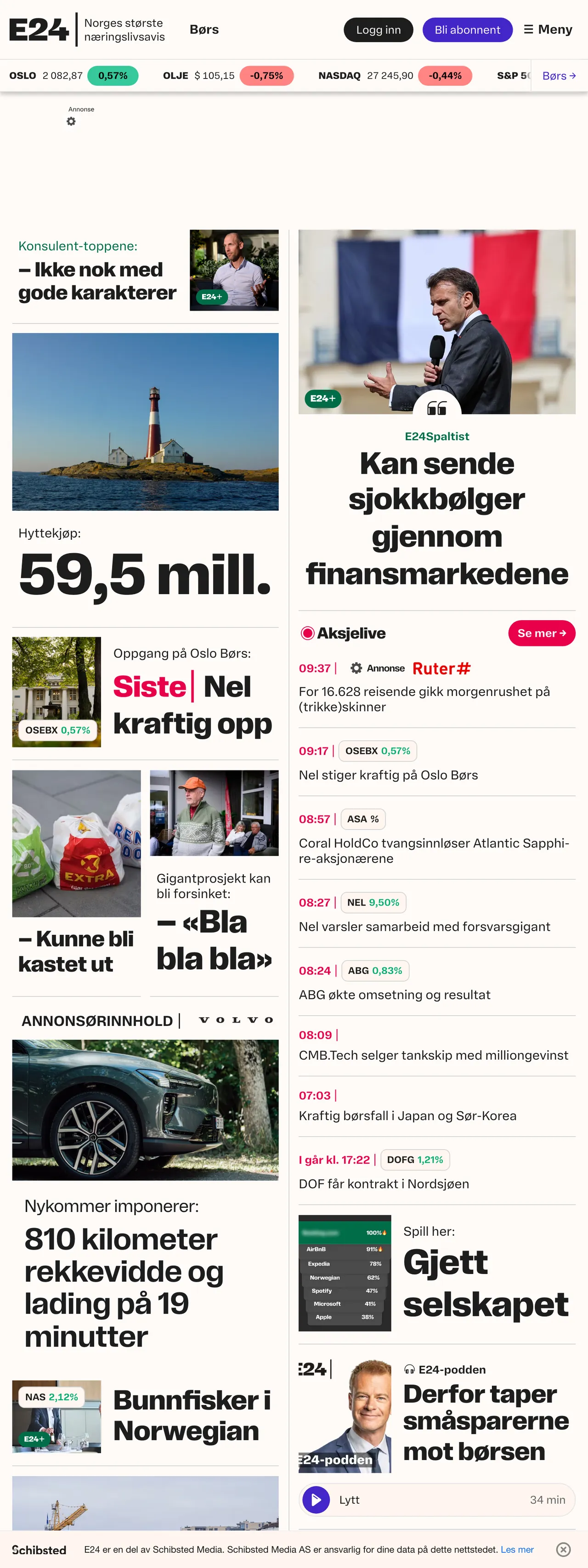 Screenshot of the E24 front page