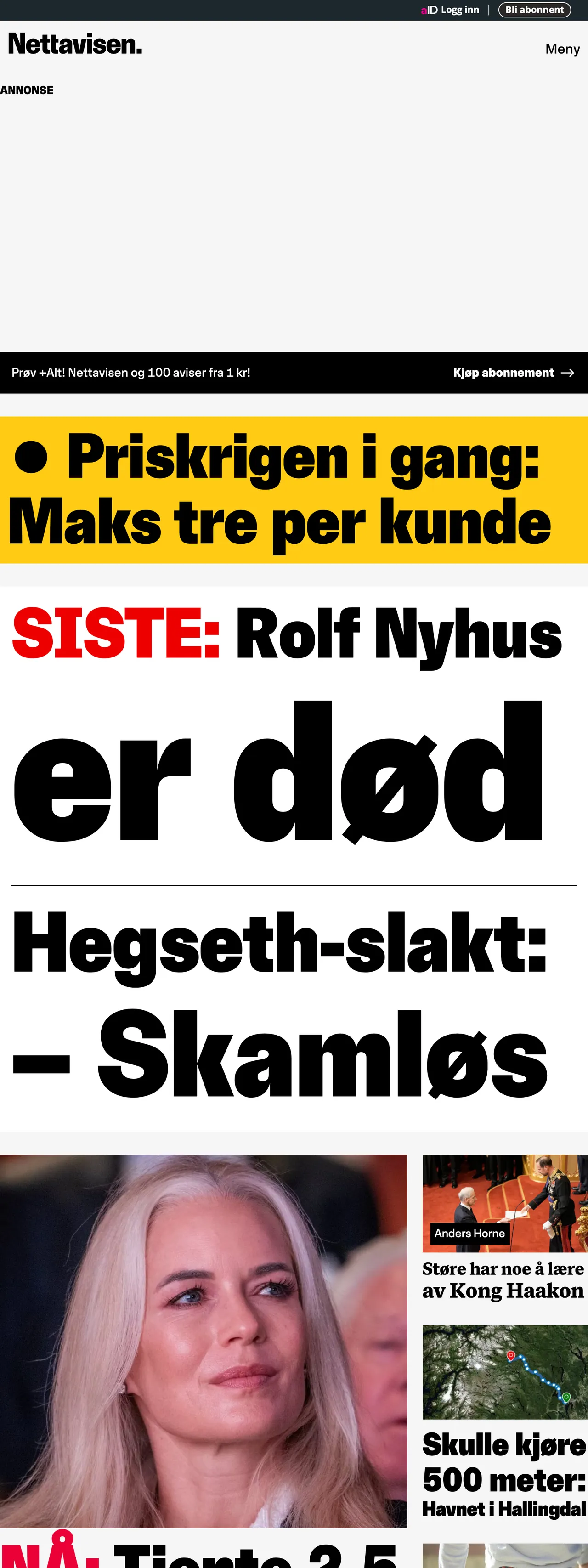 Screenshot of the Nettavisen front page