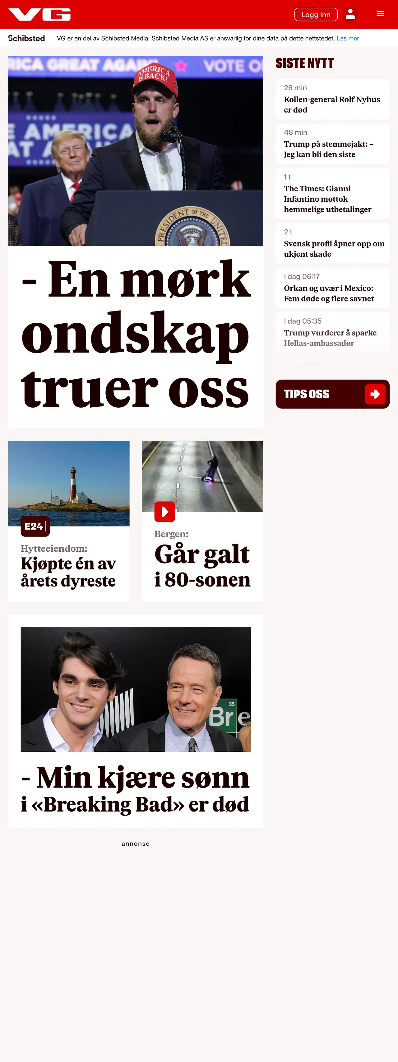 Screenshot of the VG front page