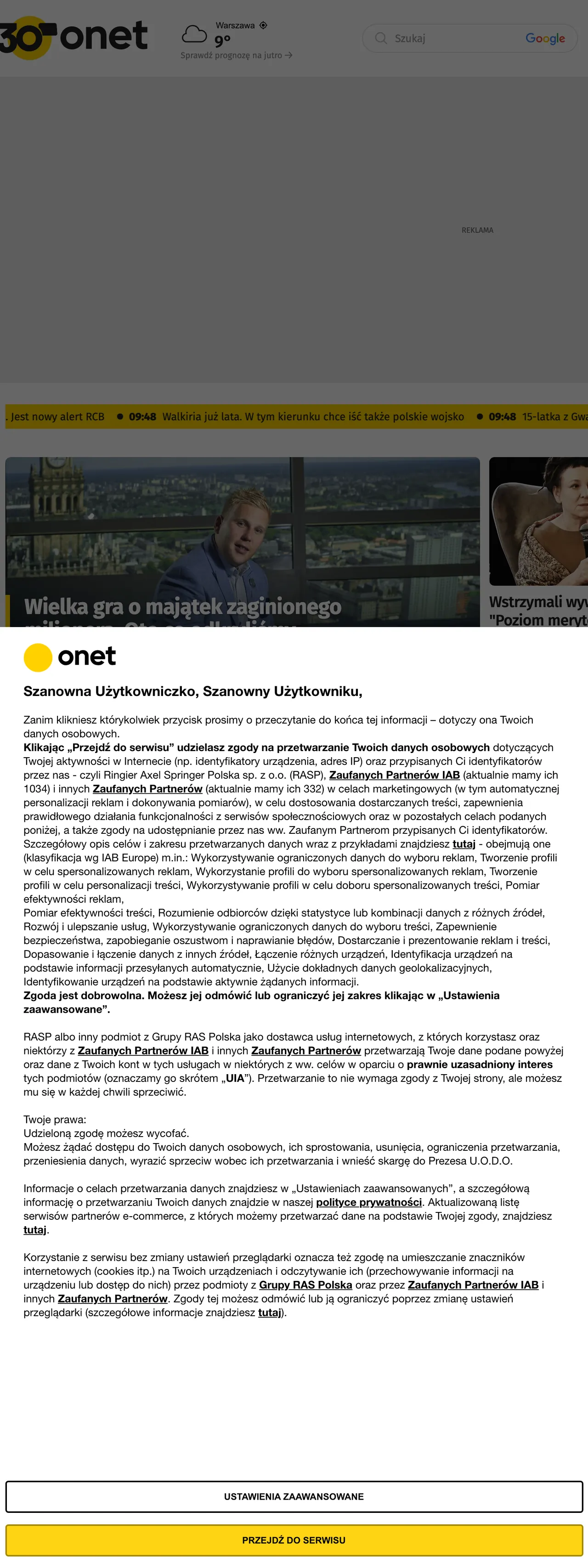 Screenshot of the Onet front page