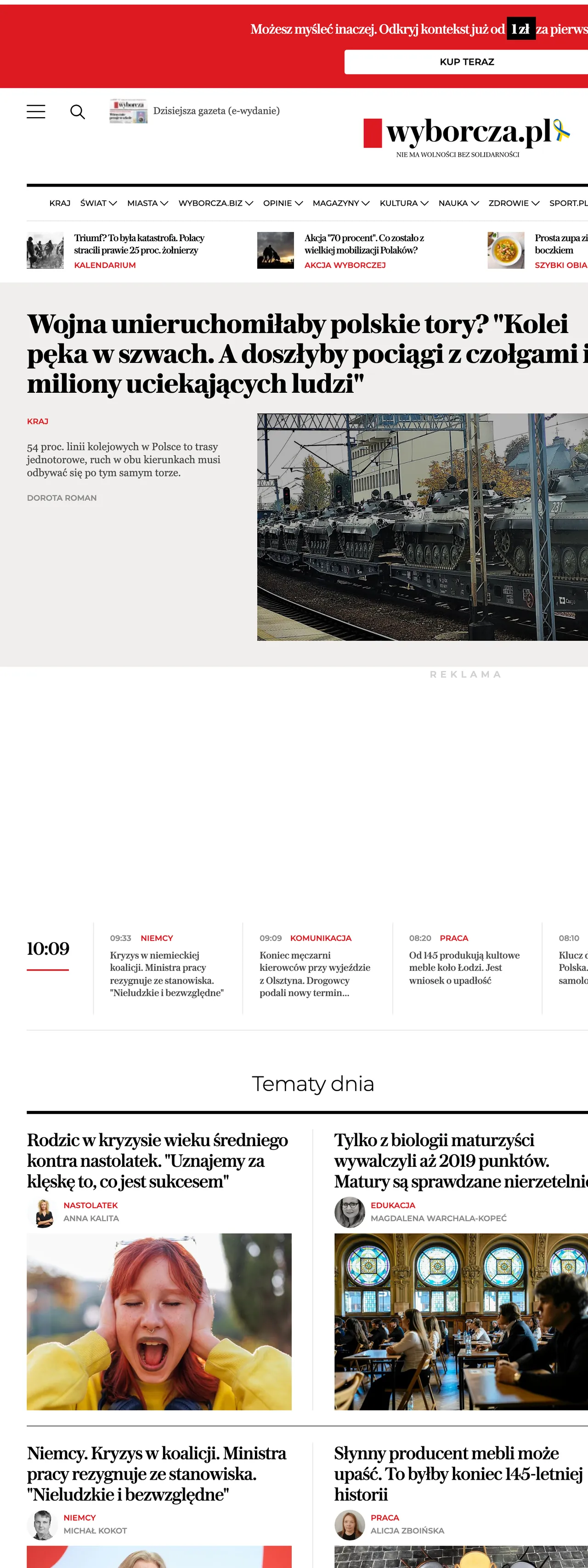 Screenshot of the Wyborcza front page