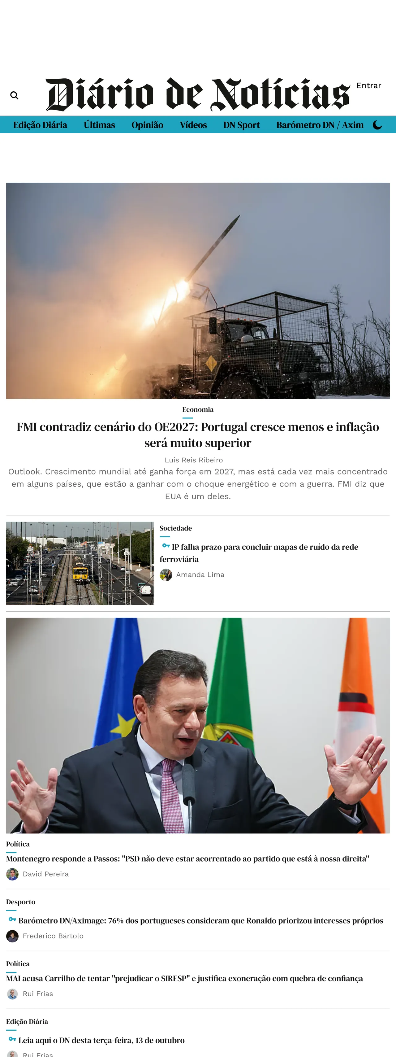 Screenshot of the Diário de Notícias front page