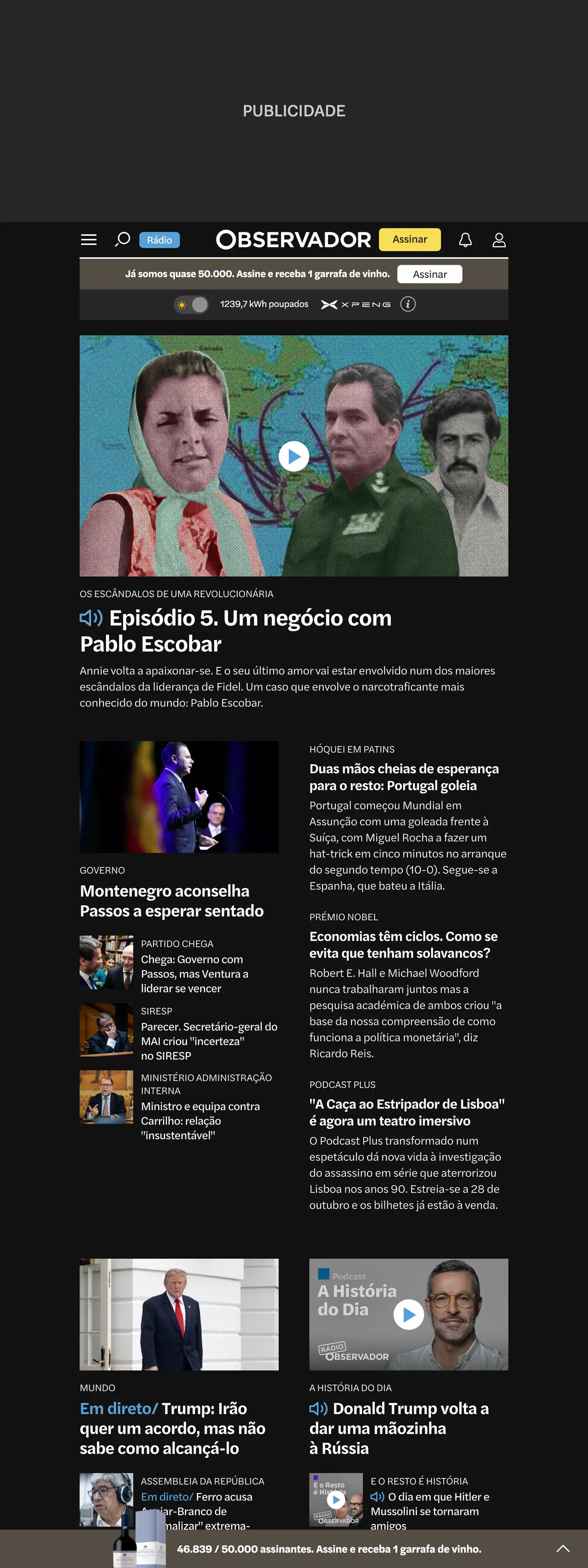 Screenshot of the Observador front page