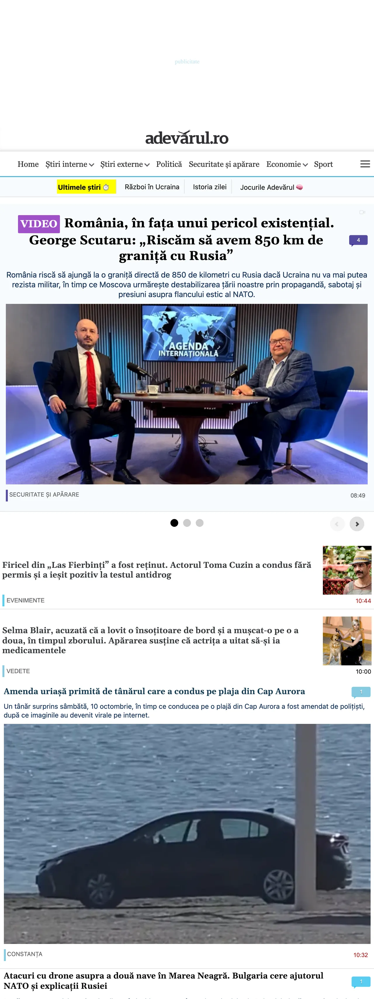 Screenshot of the Adevărul front page