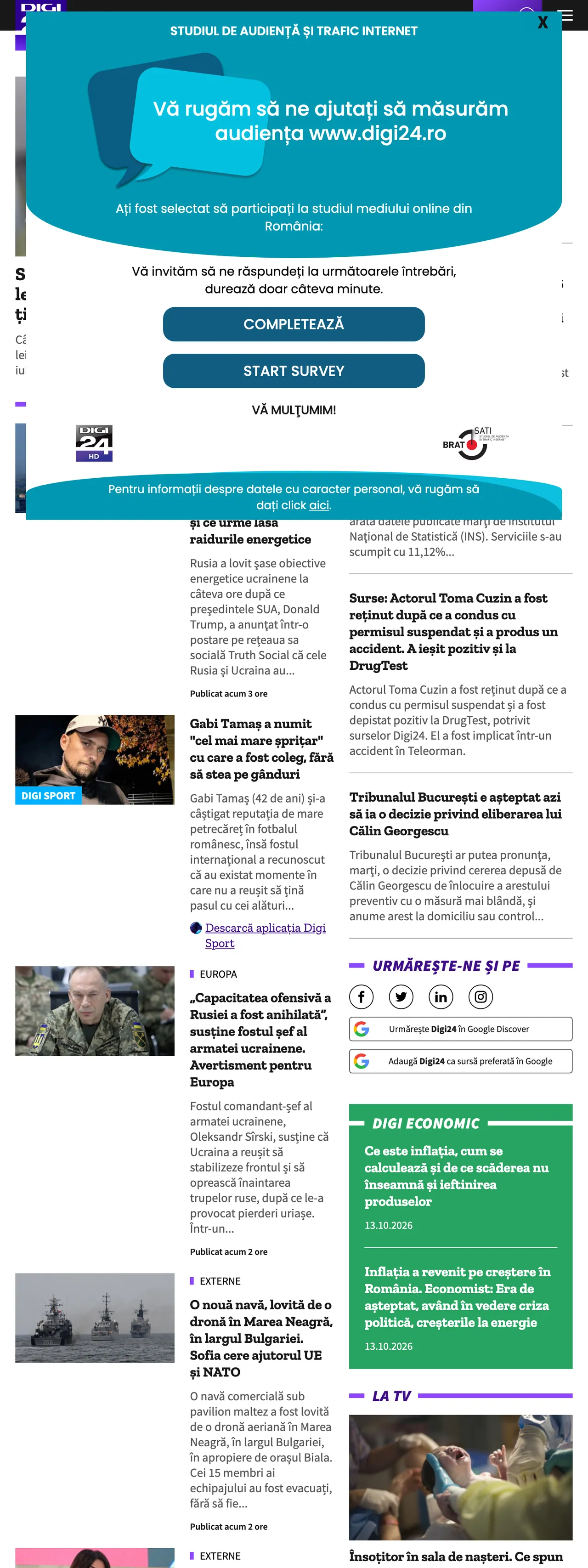 Screenshot of the Digi24 front page