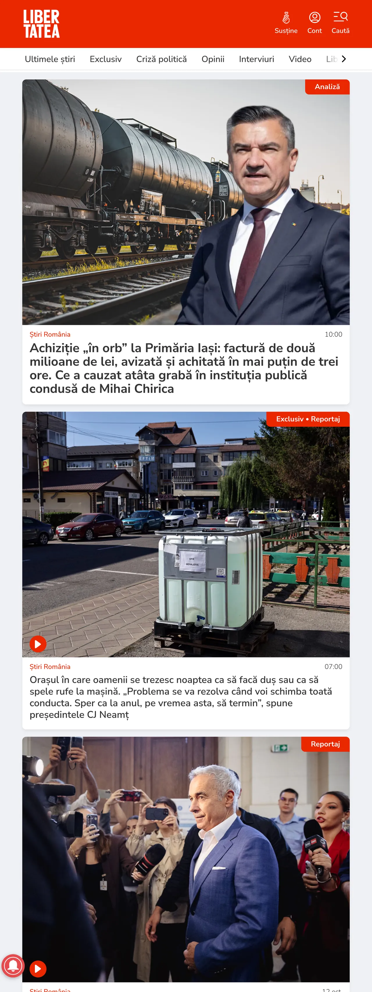 Screenshot of the Libertatea front page
