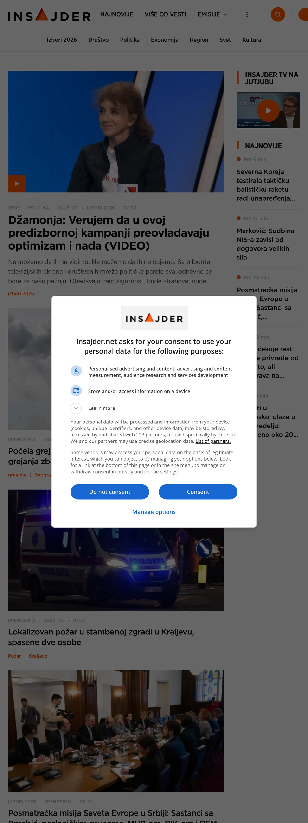 Screenshot of the Insajder front page