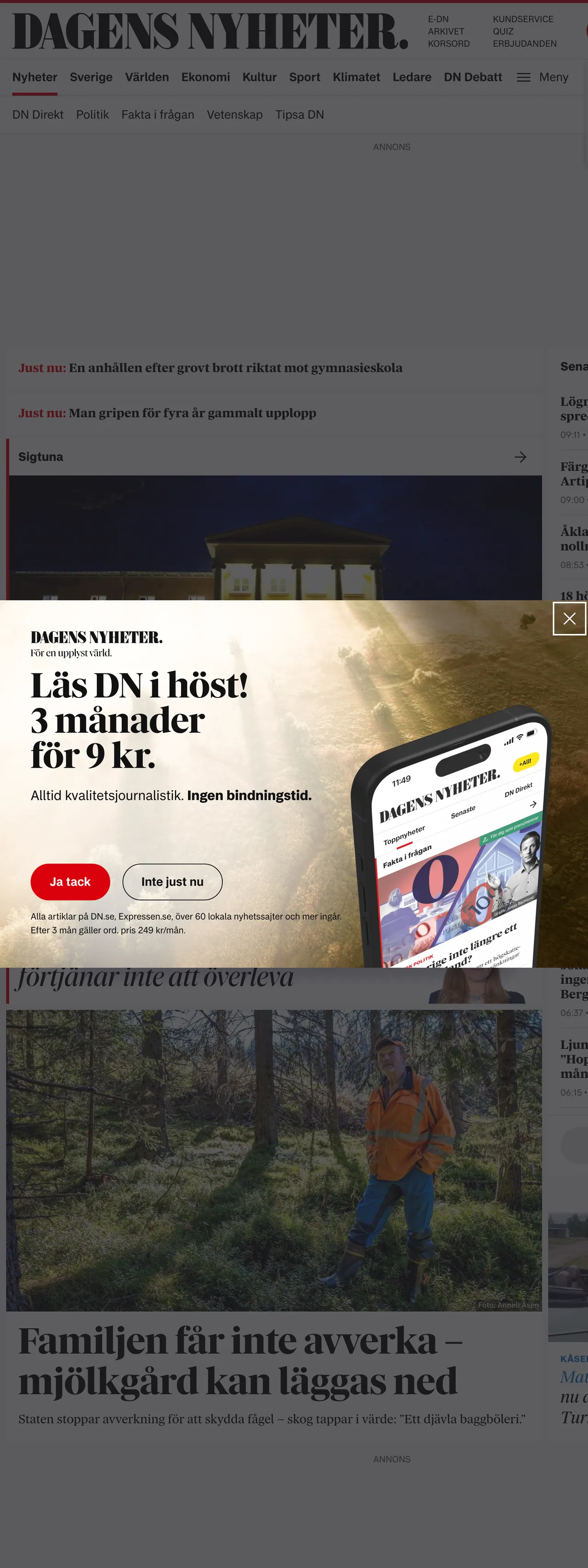 Screenshot of the Dagens Nyheter front page