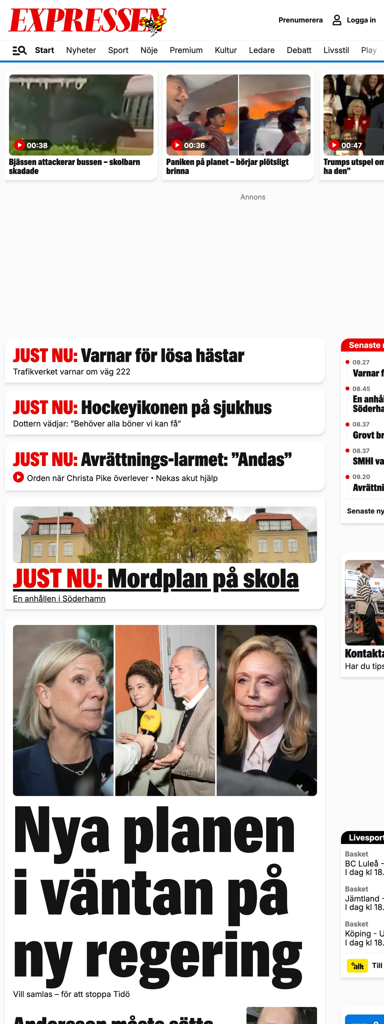 Screenshot of the Expressen front page