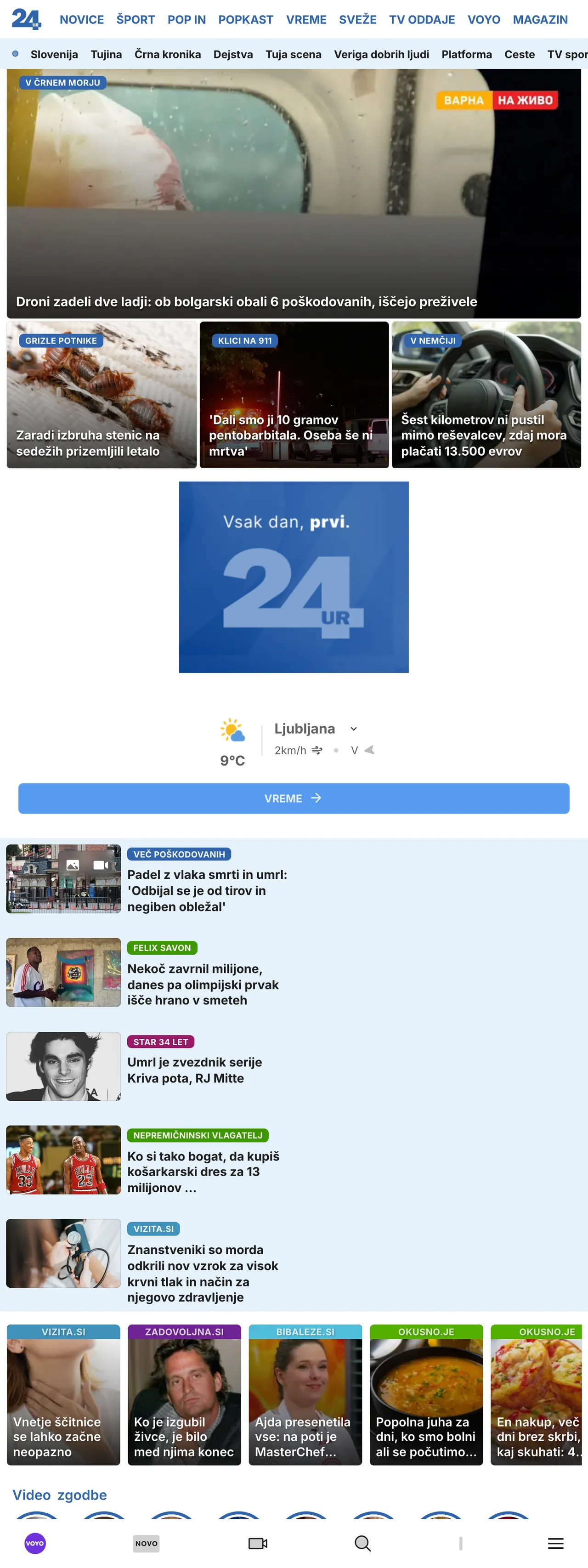 Screenshot of the 24ur front page