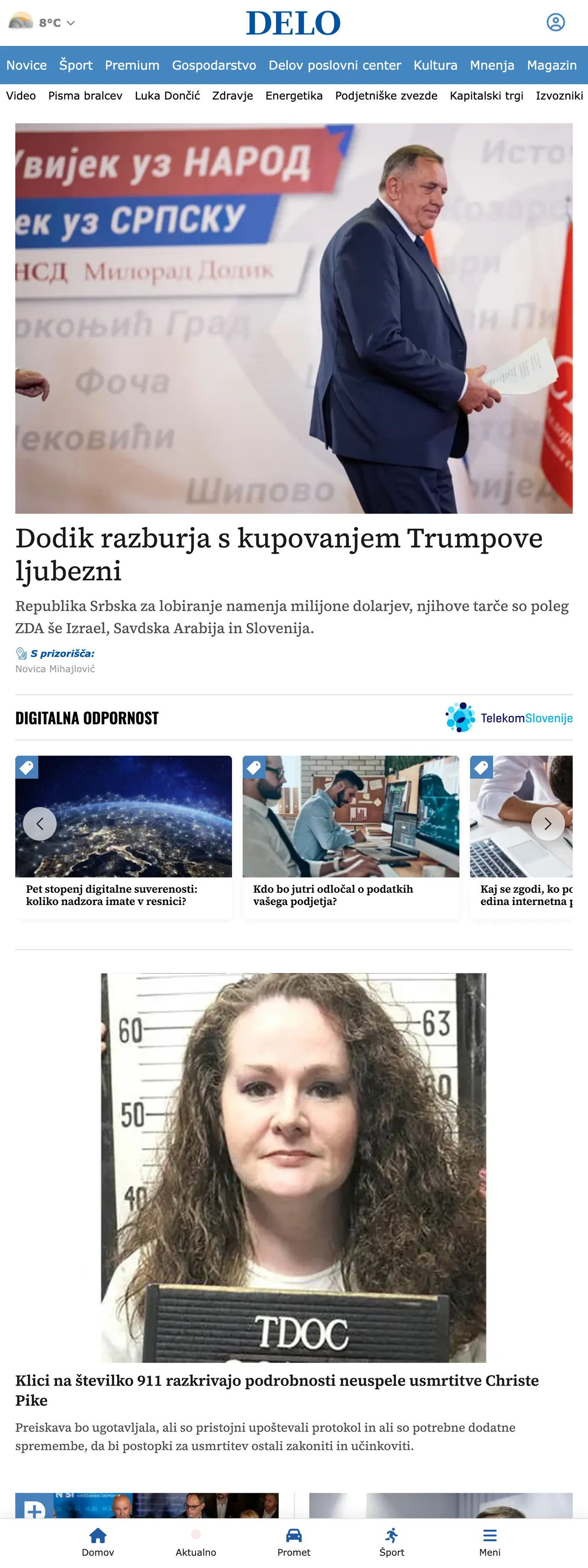 Screenshot of the Delo front page
