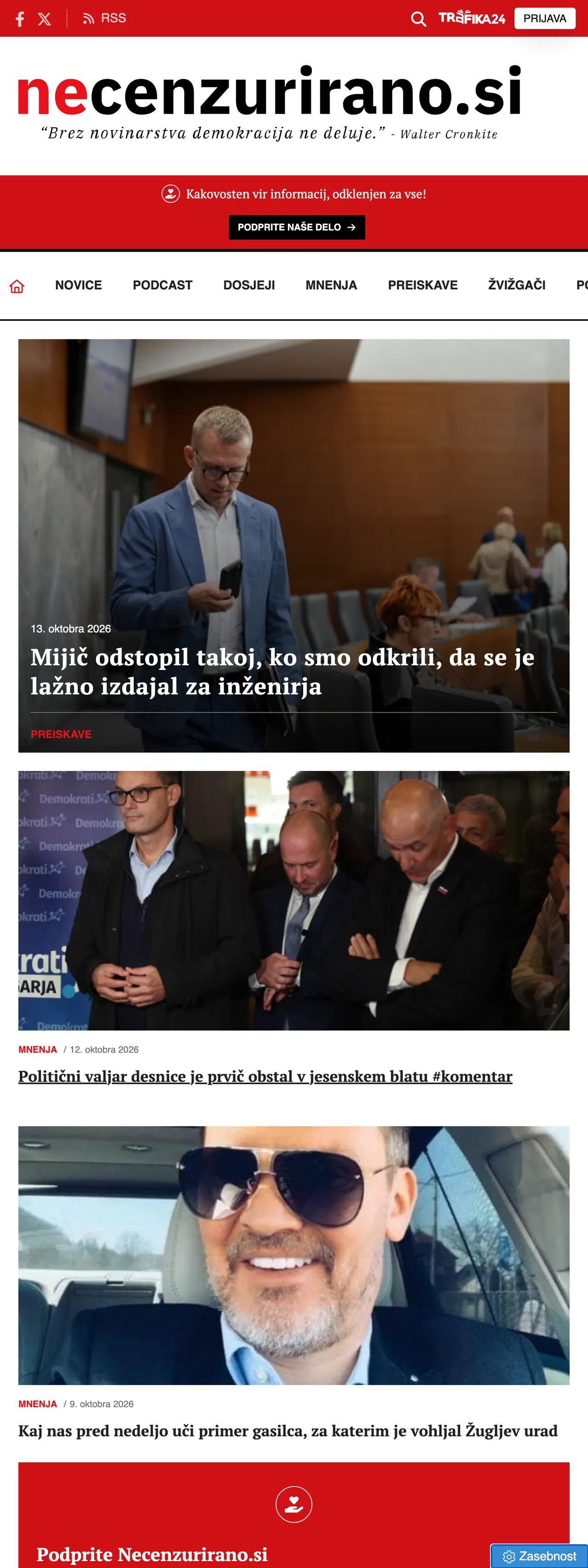 Screenshot of the Necenzurirano front page