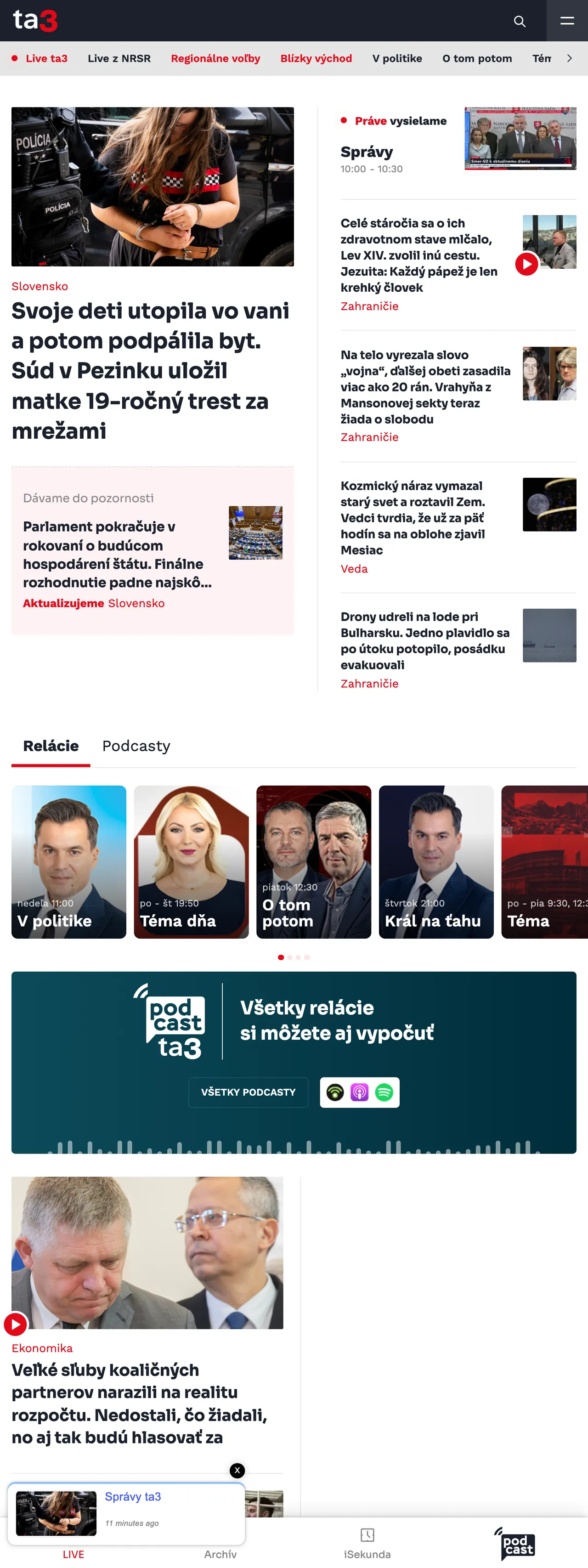 Screenshot of the TA3 front page