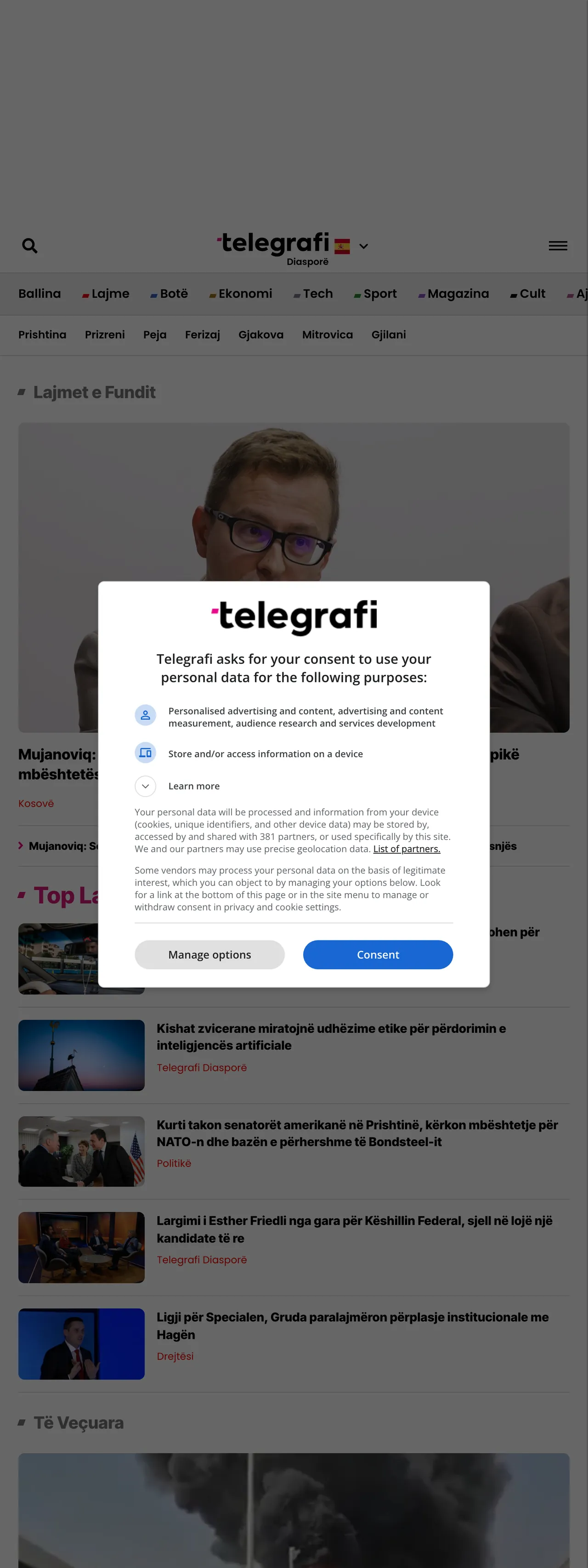 Screenshot of the Telegrafi front page