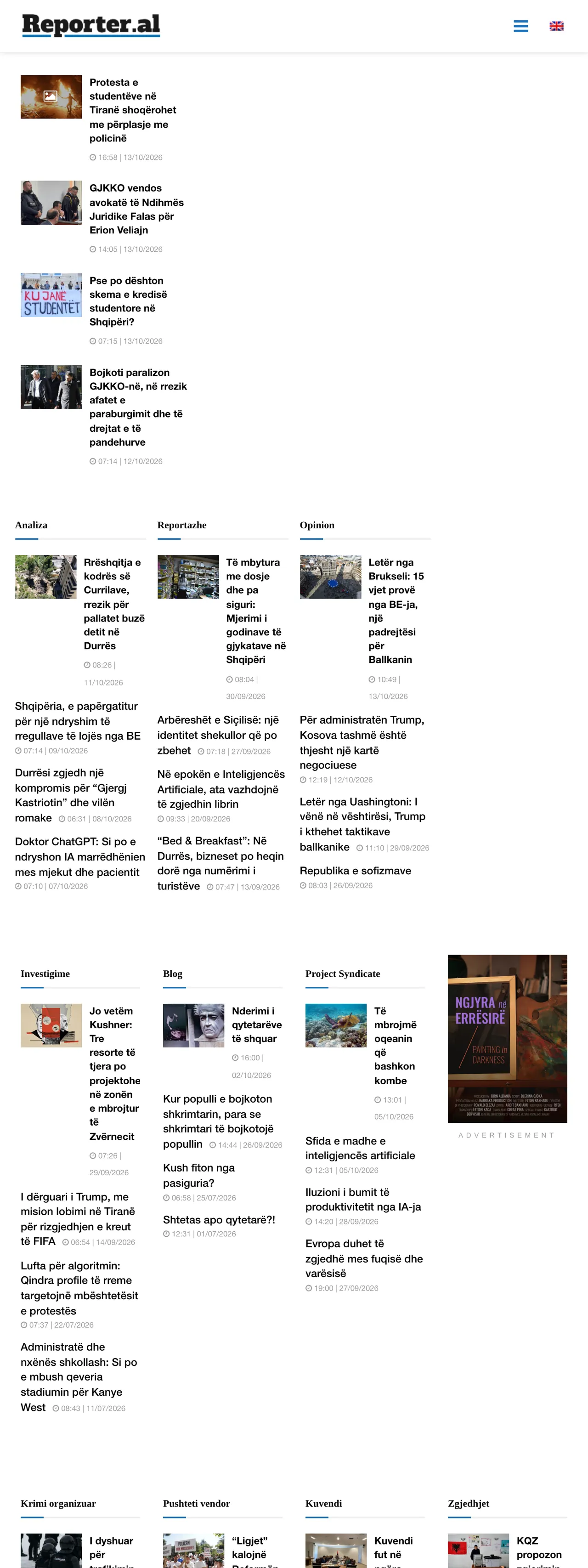 Screenshot of the Reporter.al front page