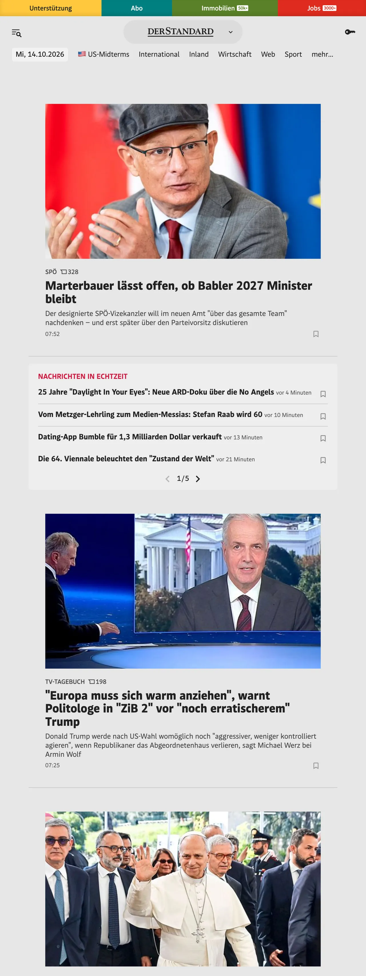 Screenshot of the DER STANDARD front page