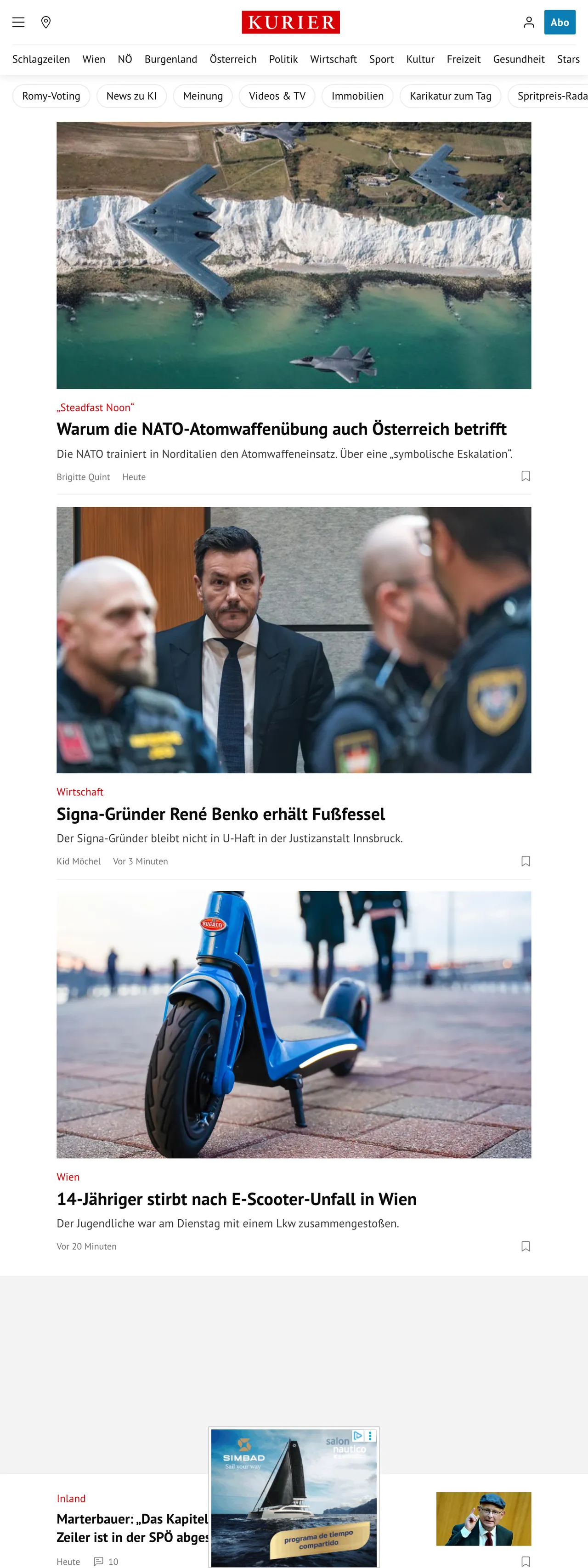 Screenshot of the Kurier front page