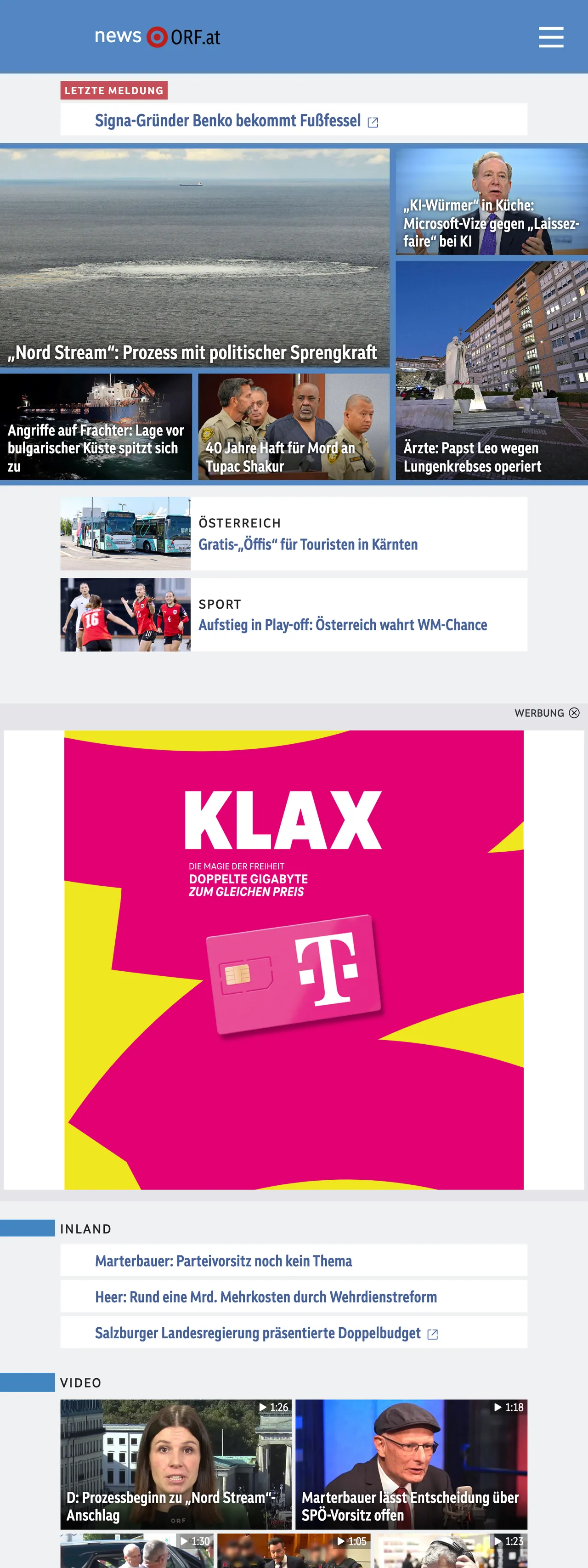 Screenshot of the ORF front page