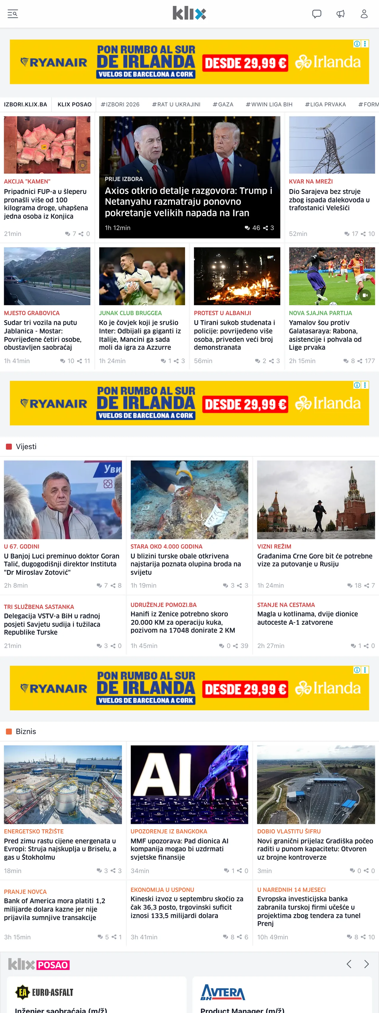 Screenshot of the Klix.ba front page