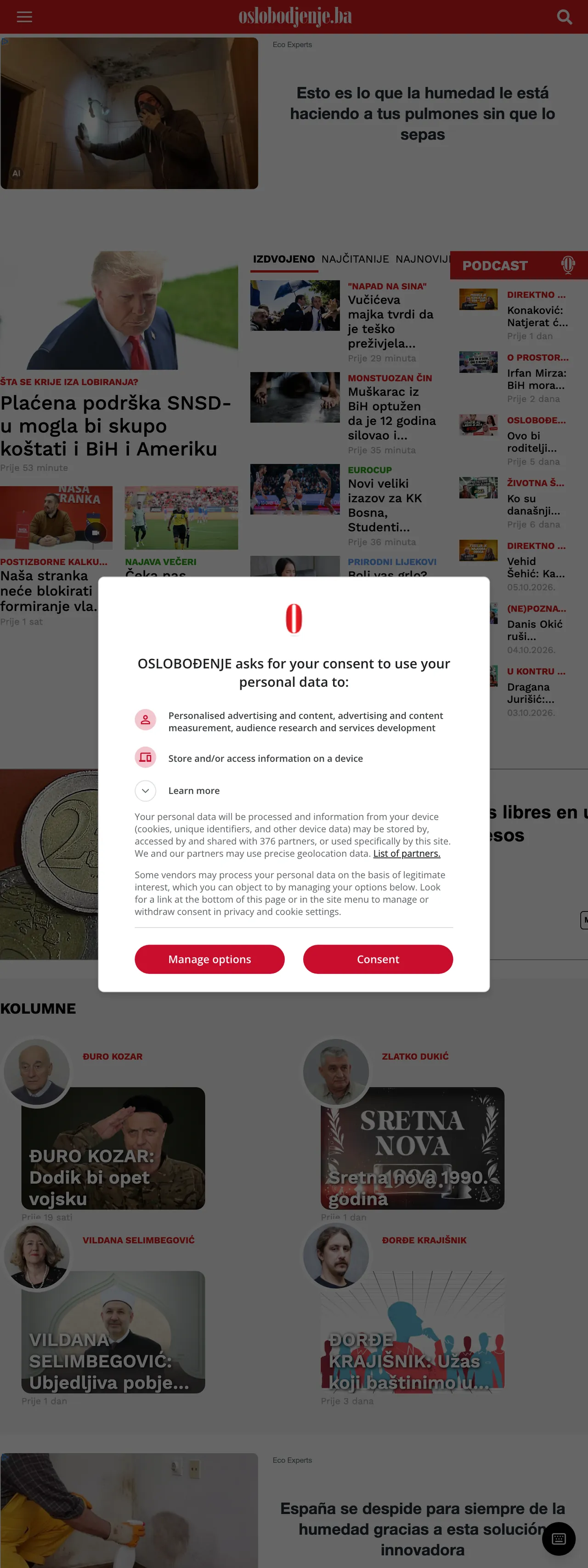 Screenshot of the Oslobođenje front page