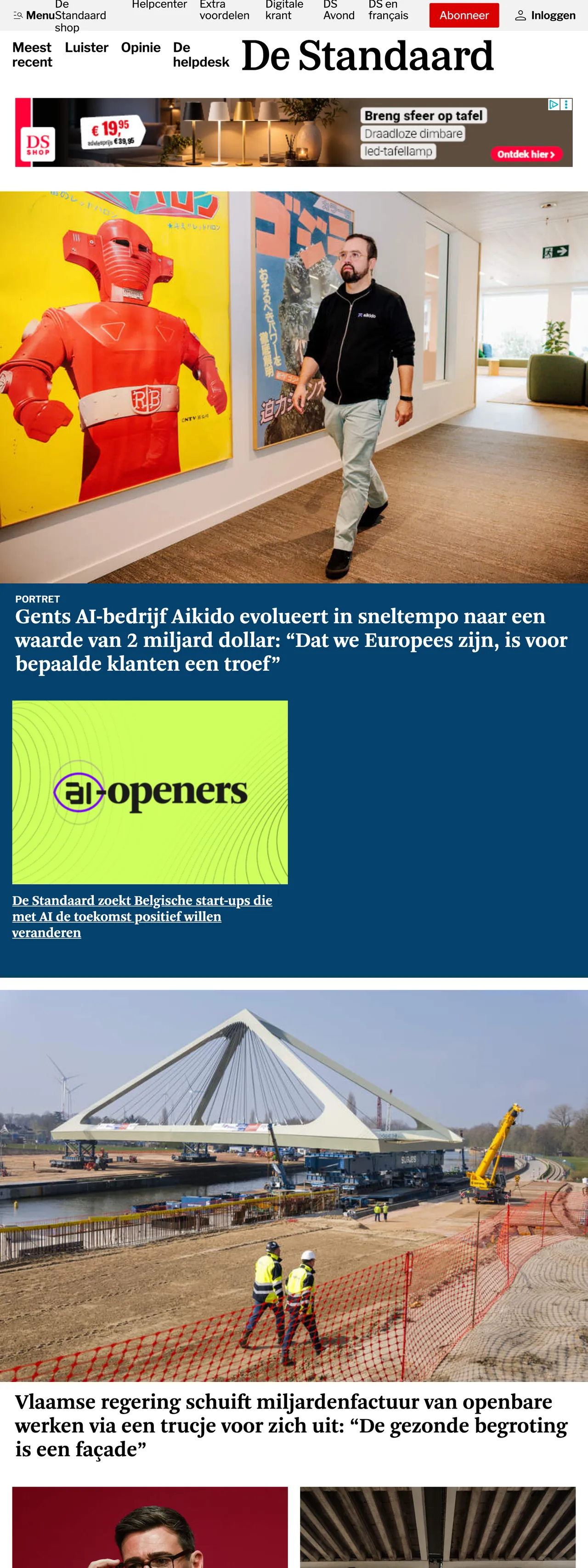 Screenshot of the De Standaard front page