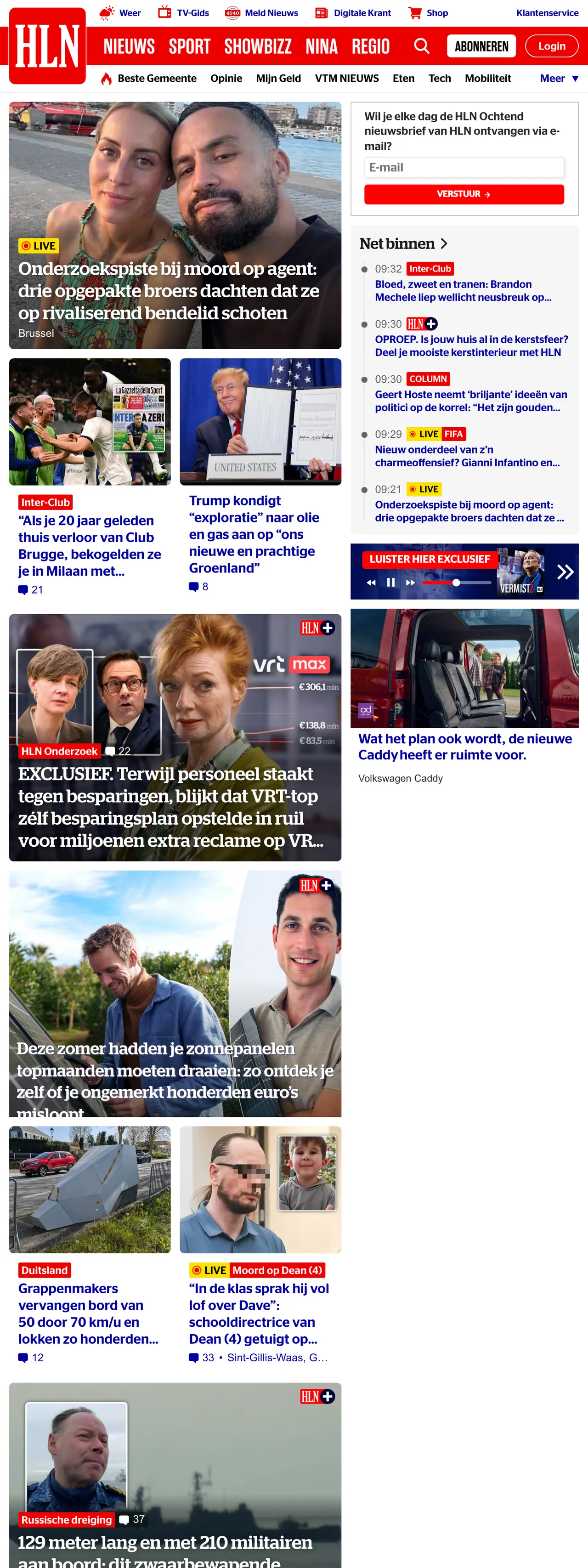 Screenshot of the HLN front page