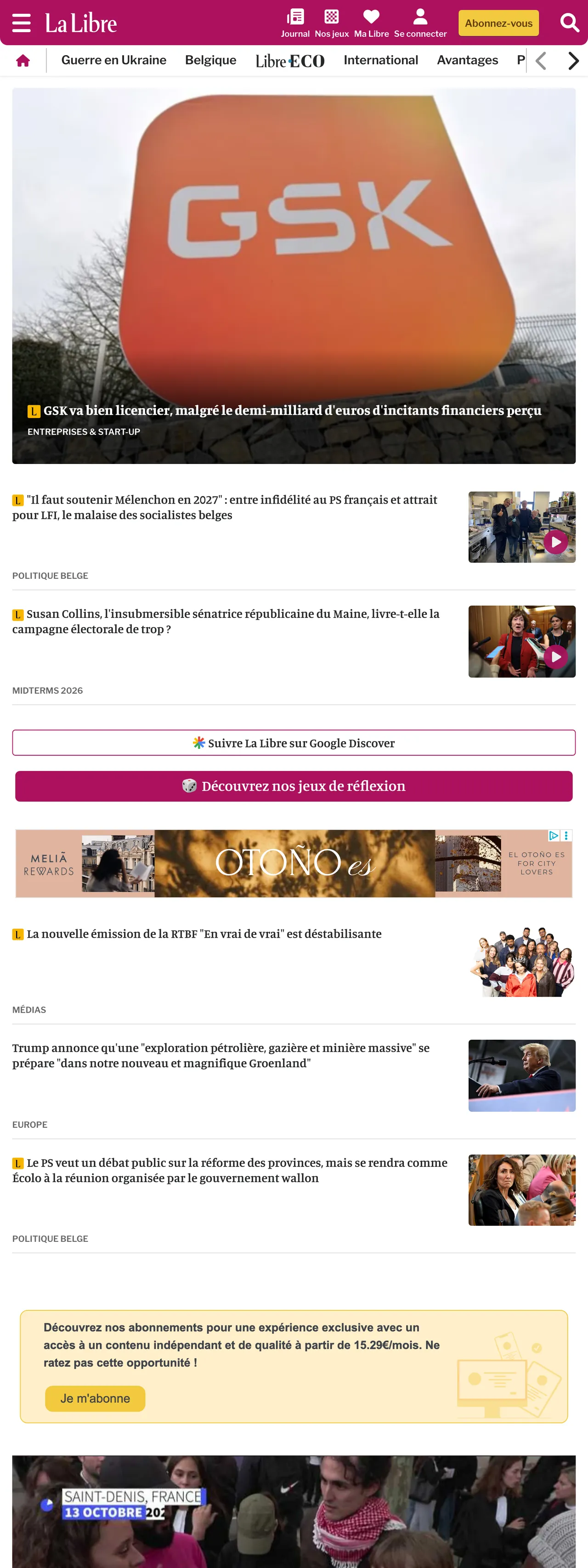 Screenshot of the La Libre front page