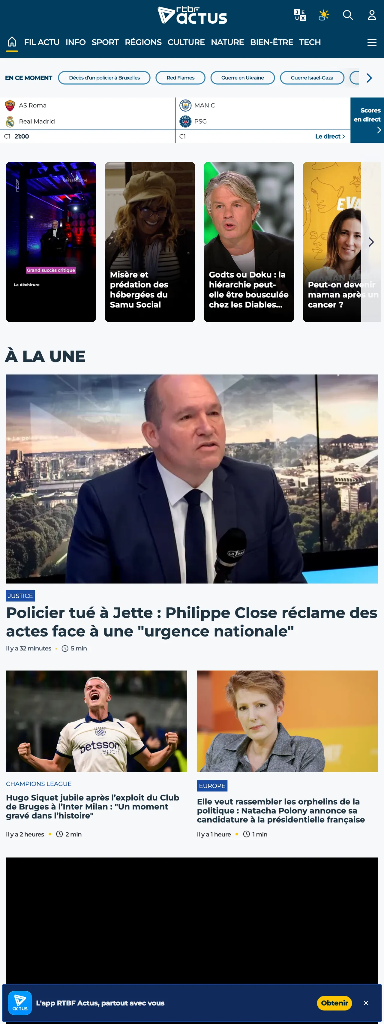 Screenshot of the RTBF front page