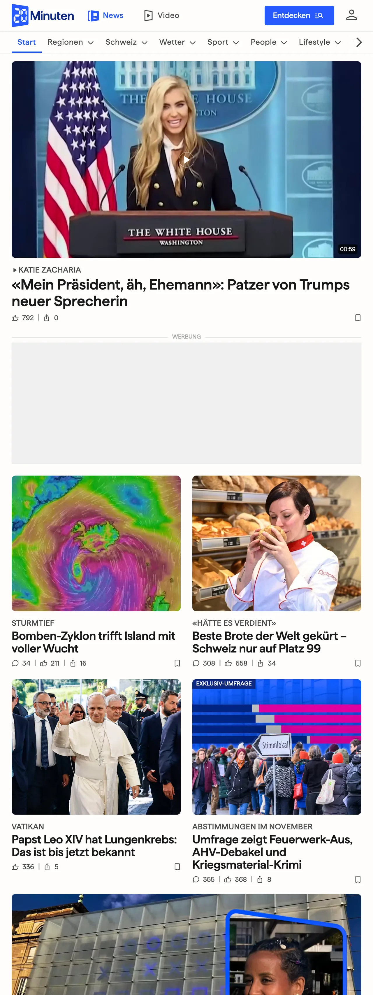 Screenshot of the 20 Minuten front page