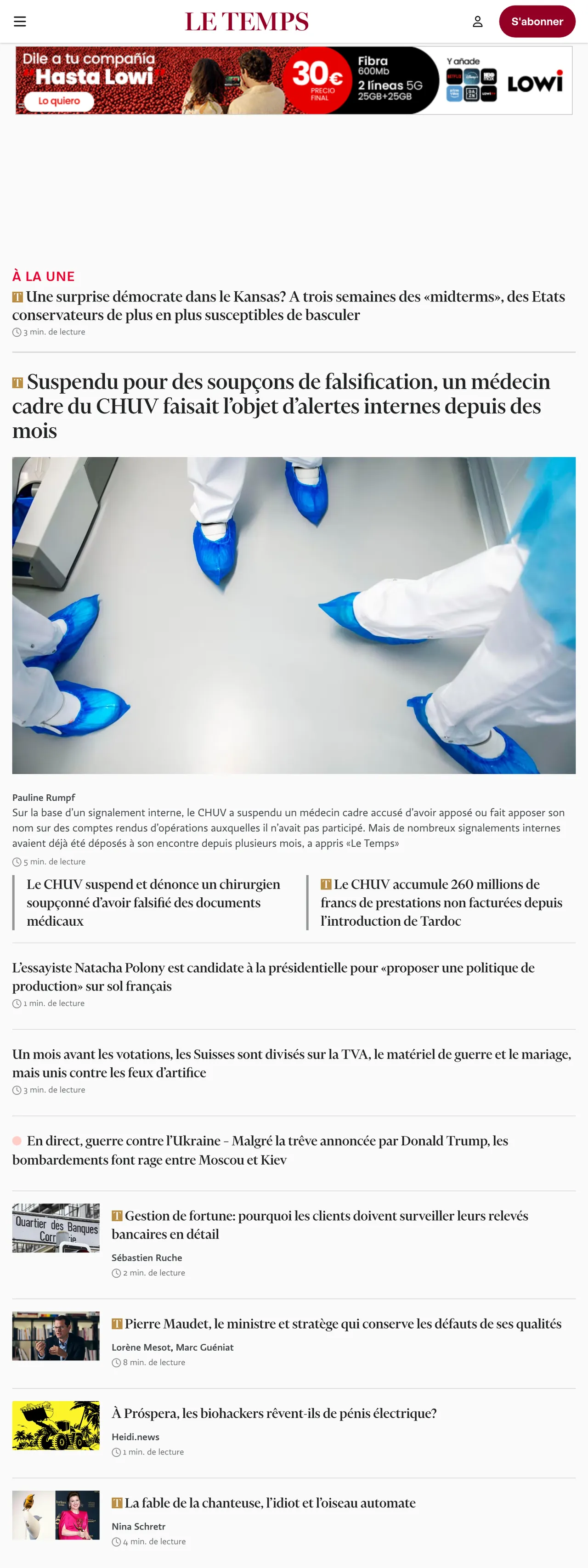 Screenshot of the Le Temps front page